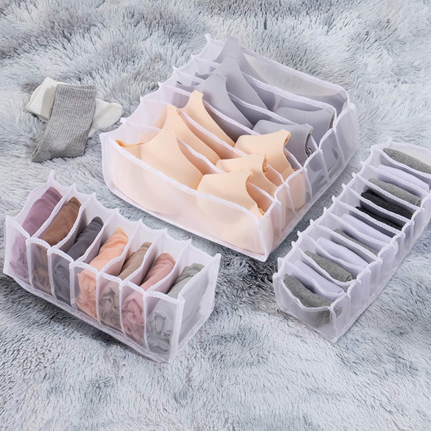 Pack of 4 Underwear Drawer Organizer Set- Foldable White Lace Underwear Storage Divider Boxes Includes 6/7/7/11 Cell Collapsible Closet Compartments for Socks Bras Ties Lingerie Scarves Organizing