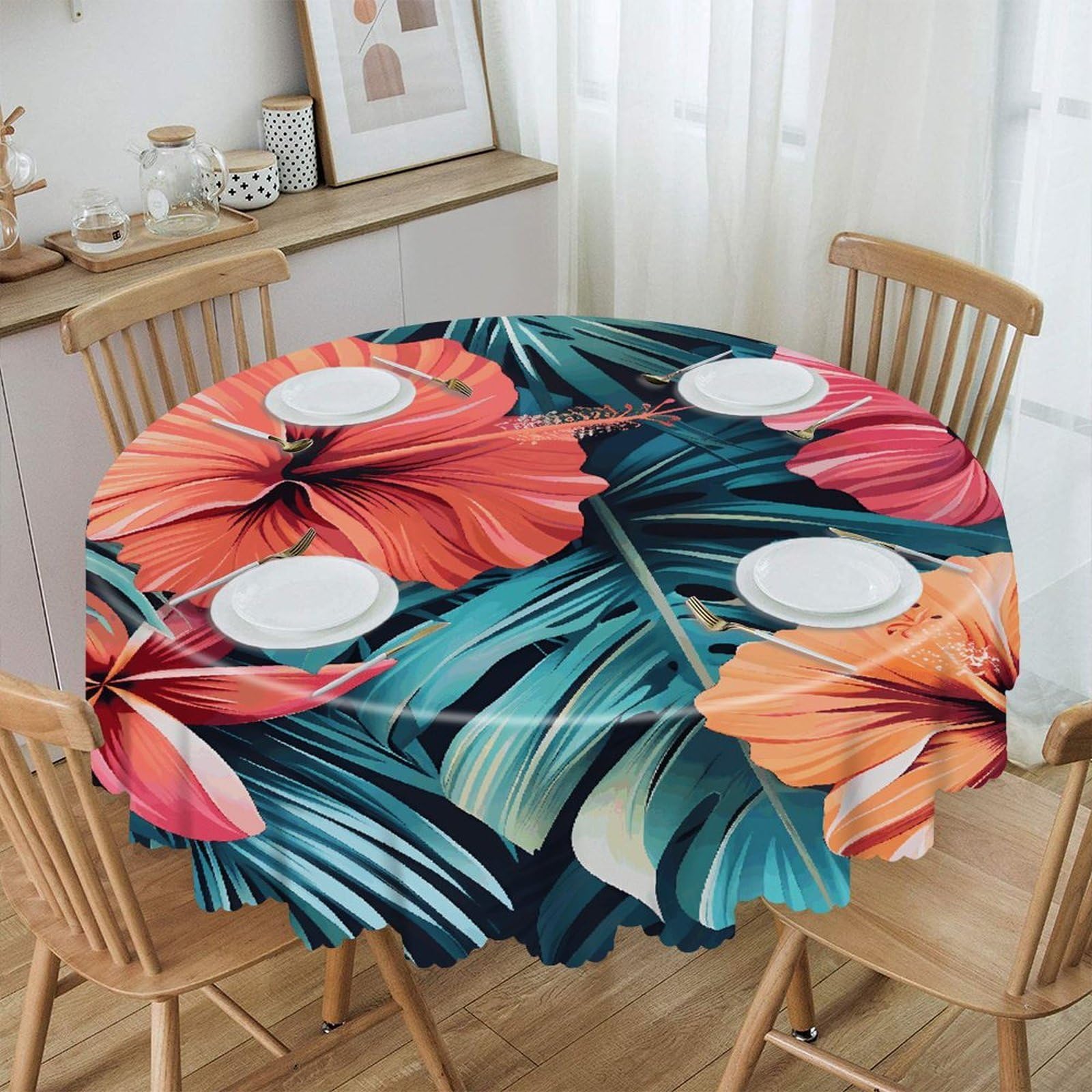 Tropical Summer Hawaiian Flower Palm Leaves Round Tablecloth Wipeable Round Polyester Tablecloth Waterproof Wrinkle Free Indoor And Outdoor Table Cover 60 Inch Decorative Farmhouse Table Cloth for Din