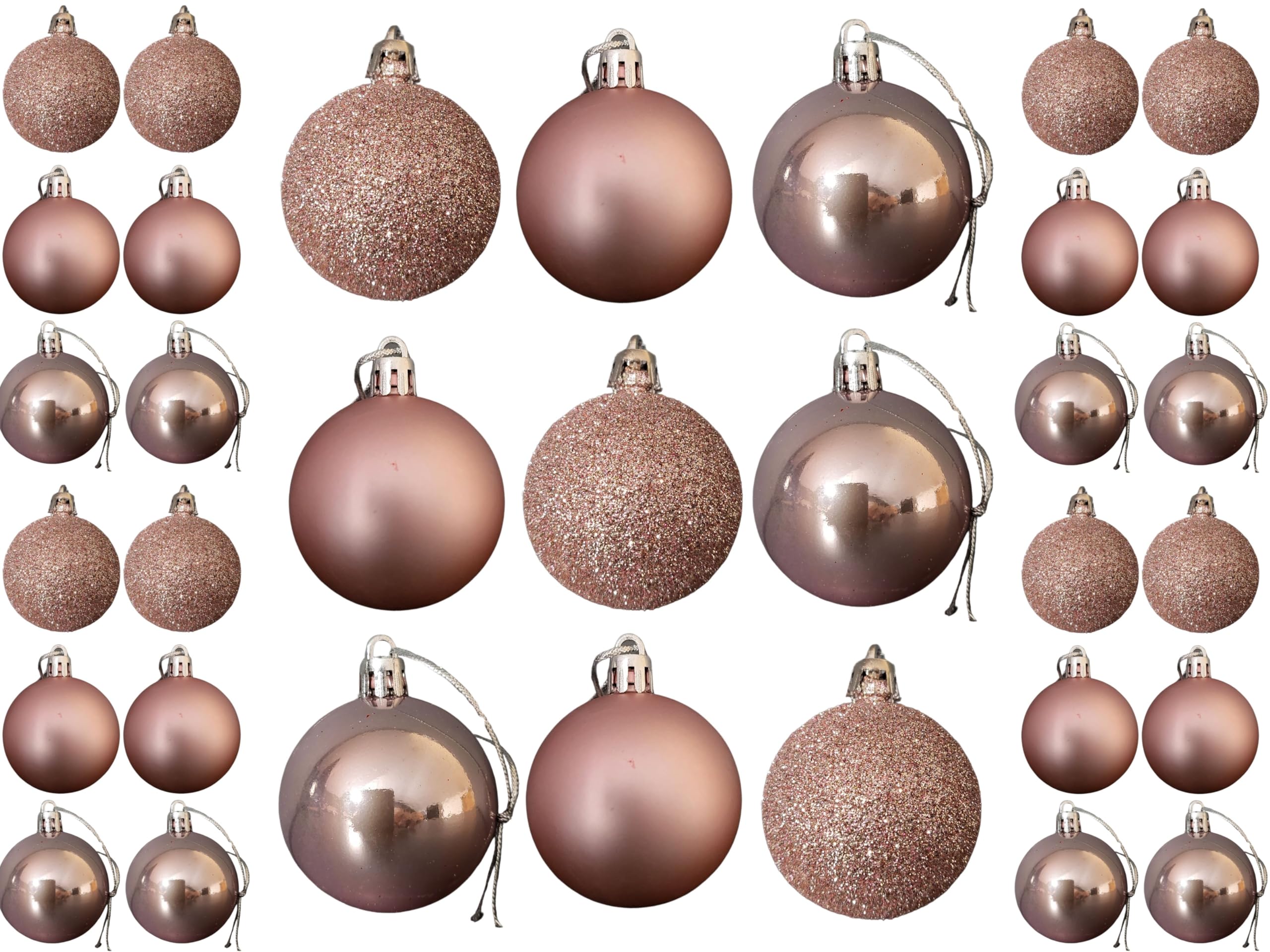 Hilltop Supplies Rose Gold Assorted Baubles 52 Pack | 5Cm & 2.5Cm Diameter Baubles | Christmas Tree Decorations | Chrismtas Decorations | Hanging Chrismtas Decor | Chrome, Matt, Glittery Baubles