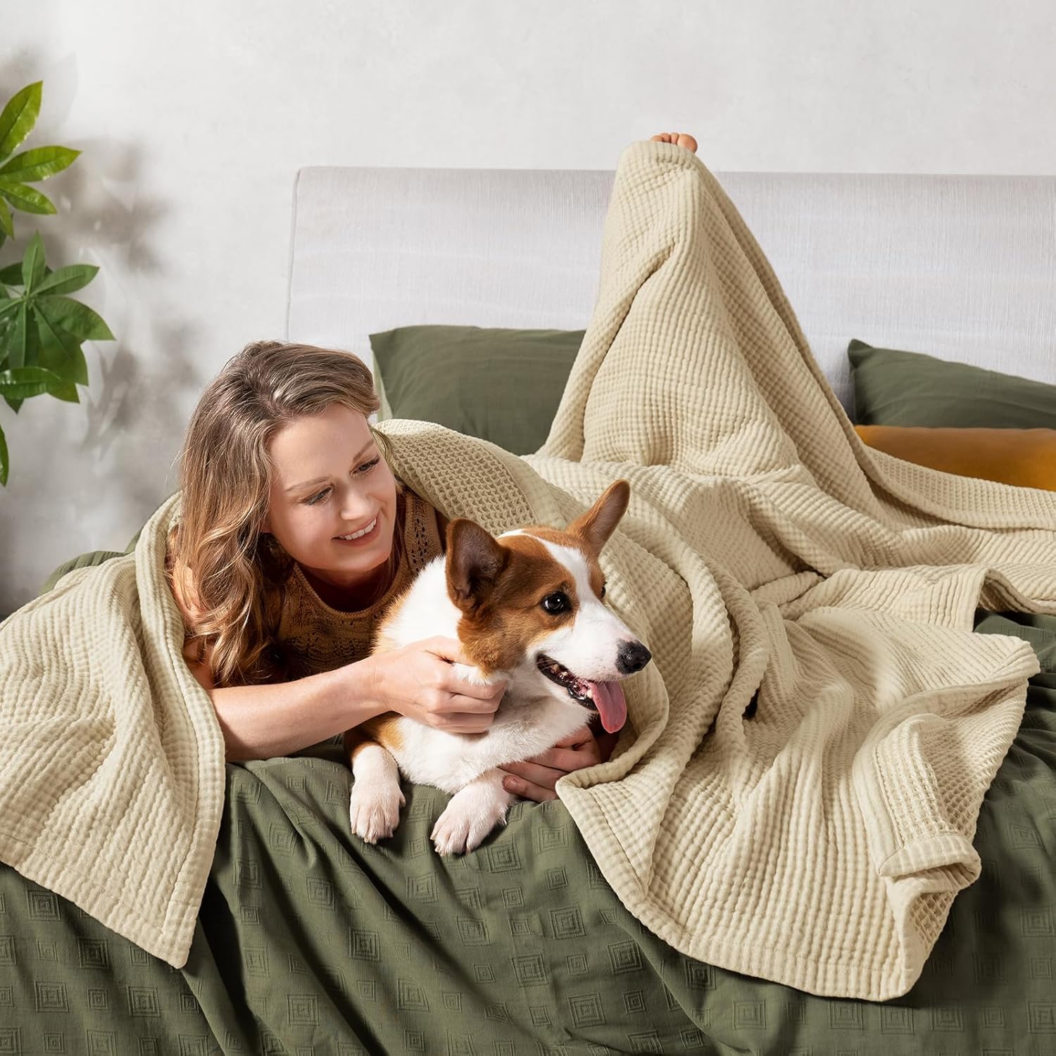 PHF 100% Cotton Waffle & Muslin Blanket Queen Size, Soft Breathable Luxury 400GSM Versatile Reversible Bedding for Bed, Great for Layering in Cold Weather, Home Decor Gift, 90" x 90", French Oak - Image 5