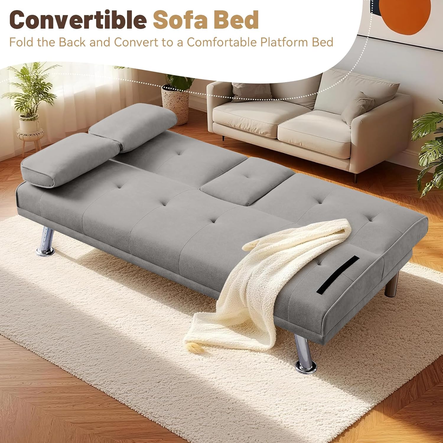 Folding Sofa Bed,Velvet Futon Sofa Couch for Living Room,Convertible Recliner Sleeper Sofa Bed,Adjustable Loveseat w/Removable Armrests,2 Cupholders,Light Gray