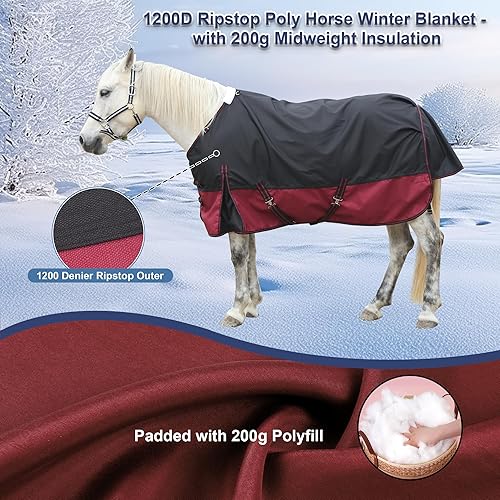 1200D Ripstop Waterproof Breathable Horse Blanket, Medium Weight 200g Fill, Standard Neck, Large Tail Flap, Windproof Warm Winter Turnout Blanket for Horses Greenblack 69"(Black/Wine,69")
