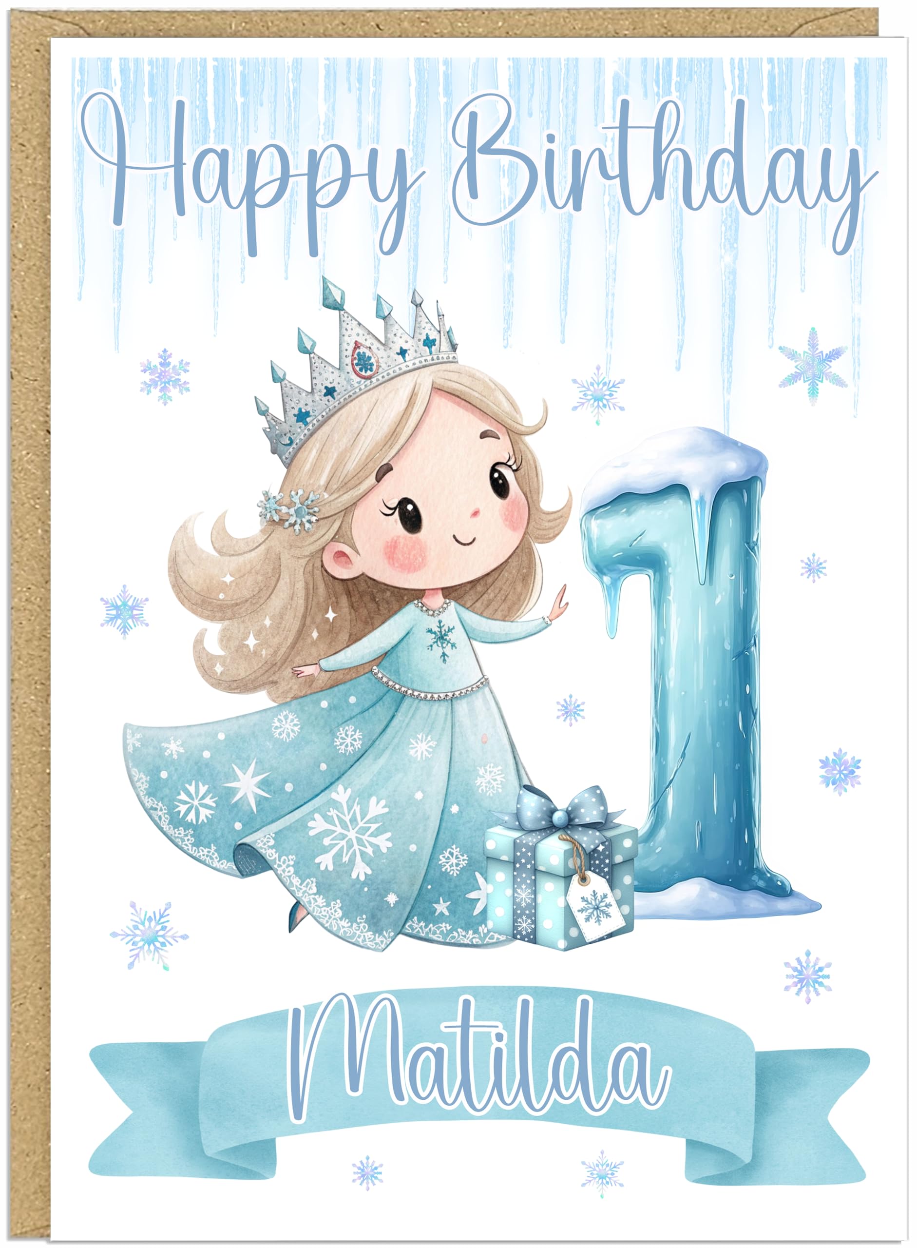 Personalised Winter Princess Happy Birthday Card with Age 1-9 - Custom Own Name & Own Age Number Balloon Blonde Ice Queen Crown Gifts A5 Greetings Card For Little Girls (Number 1)