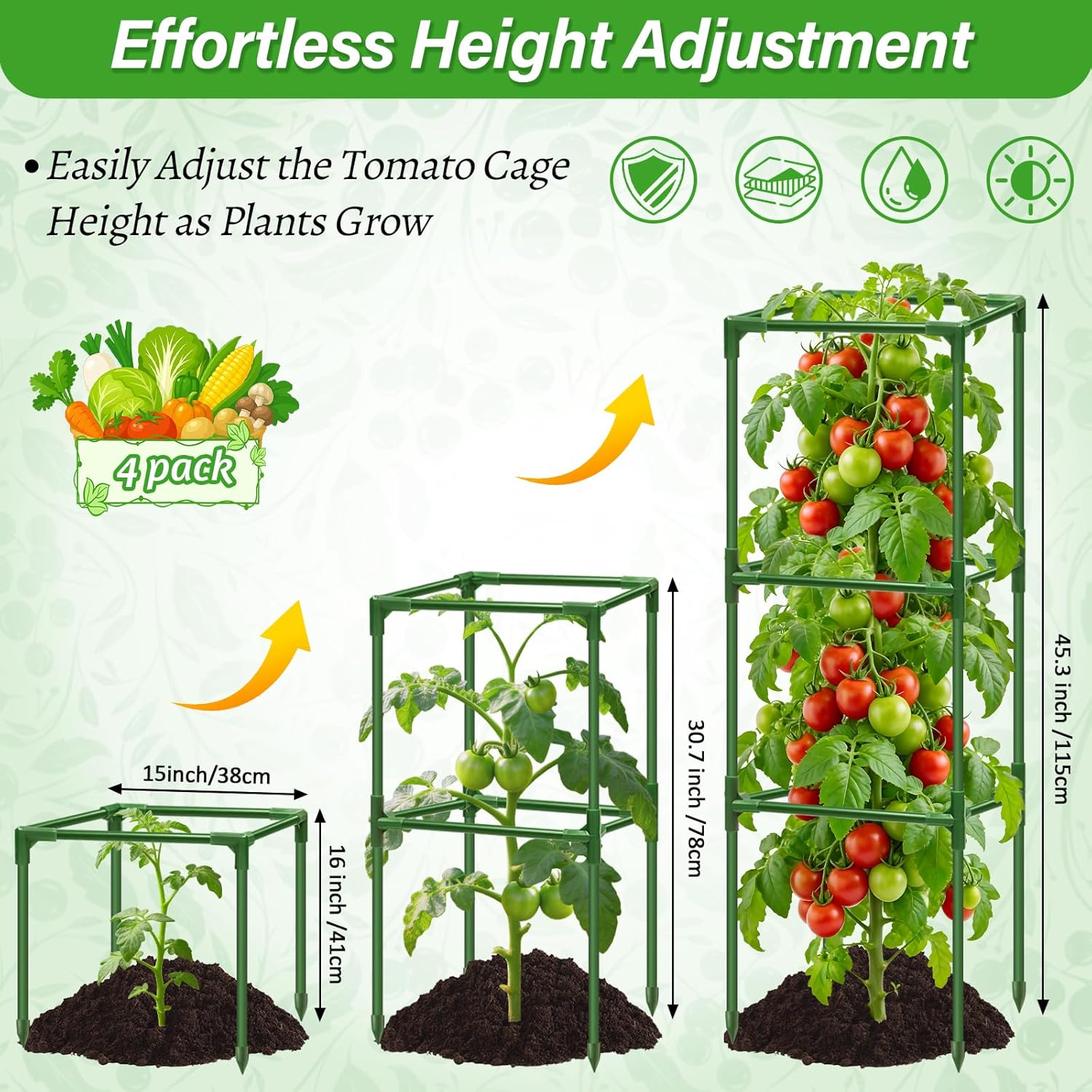 4 Pack Square Tomato Cages for Garden, 45 Inch Adjustable Tomato Stakes, Metal Tomato Trellis, Garden Plant Support for Potted Climbing Plants, Vegetables Flowers Fruits, Raised Garden Bed