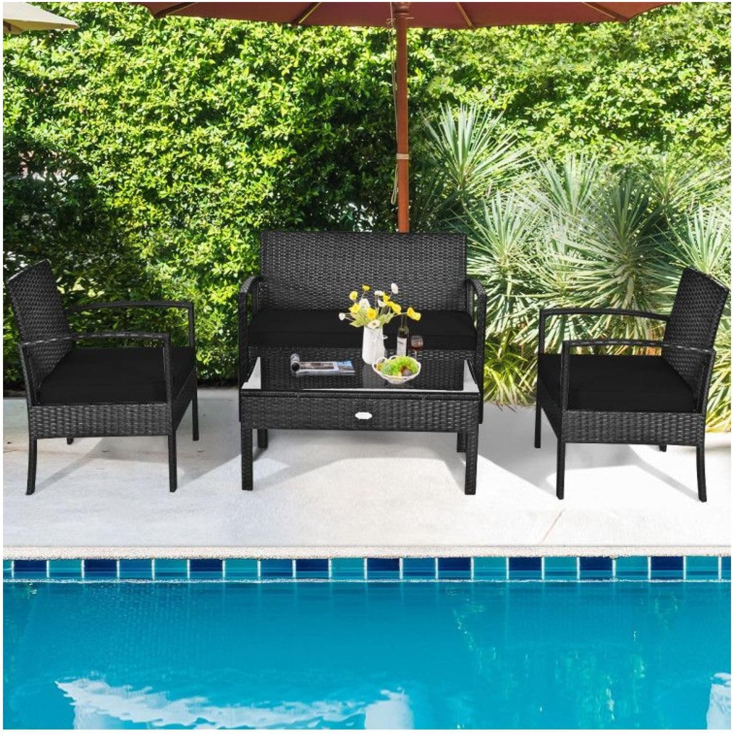 Patio Rattan Furniture Set 4 Pieces, Outdoor Loveseat & Table, Cushioned Wicker Seating Set for Balcony, Garden, Modern Outdoor Furniture