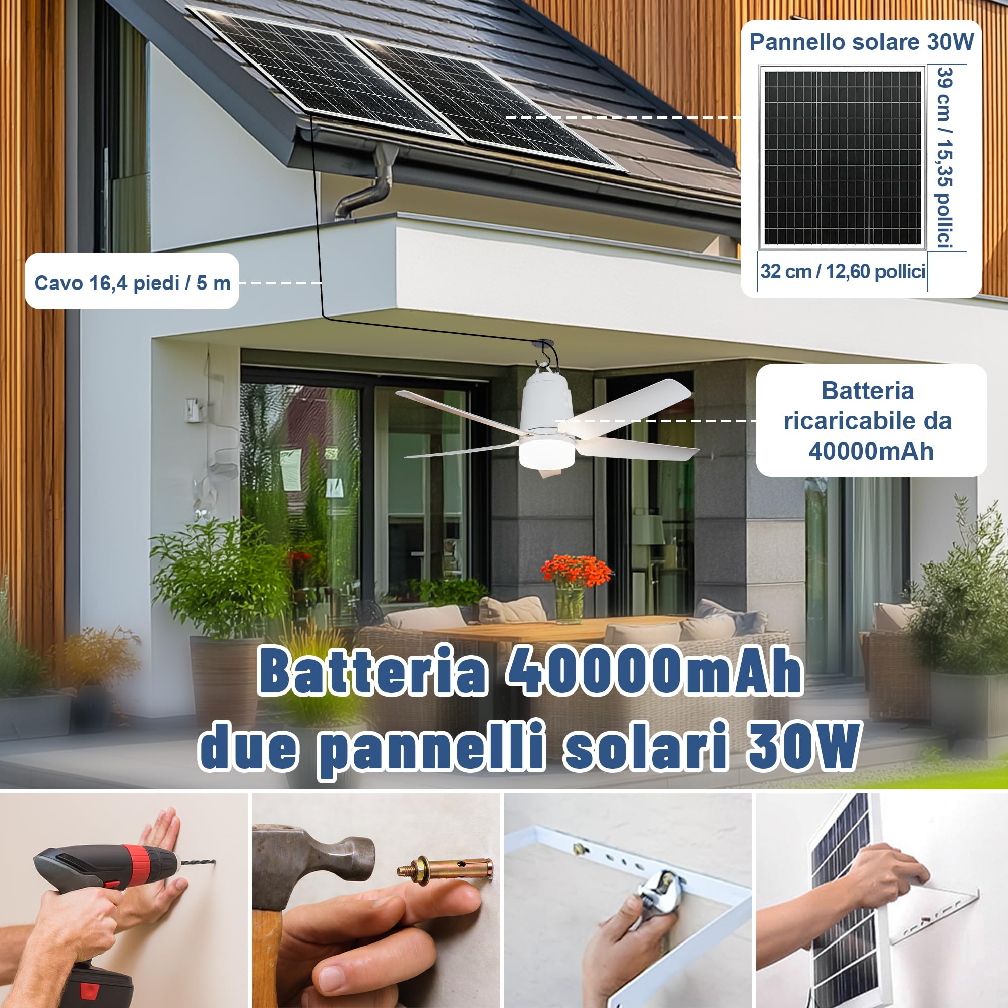 Ventilatore da soffitto solare, con illuminazione per esterni, pannello solare da 60 W e batteria da 40000 mAh, grande ventilatore da soffitto portatile con luce, telecomando per campeggio (80CM)