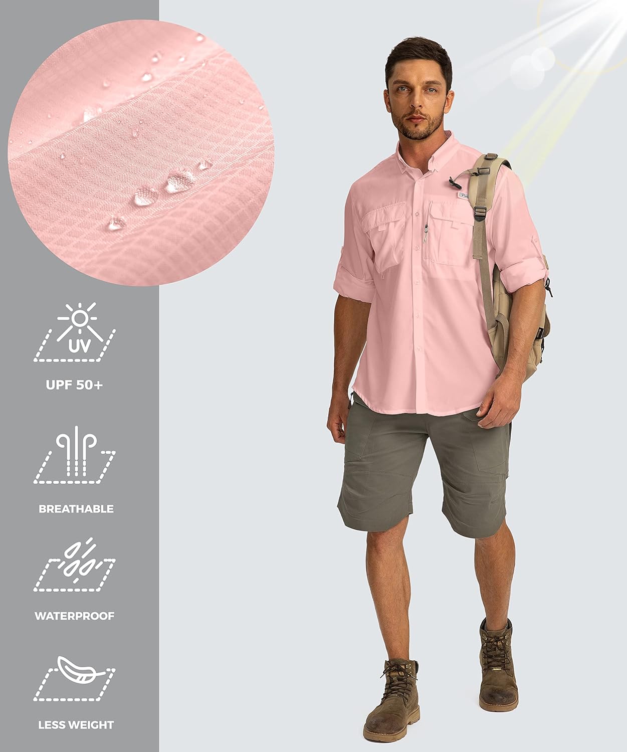 Men's Sun Protection Fishing Shirts Long Sleeve Travel Work Shirts for Men UPF50+ Button Down Shirts with Zipper Pockets - Image 4