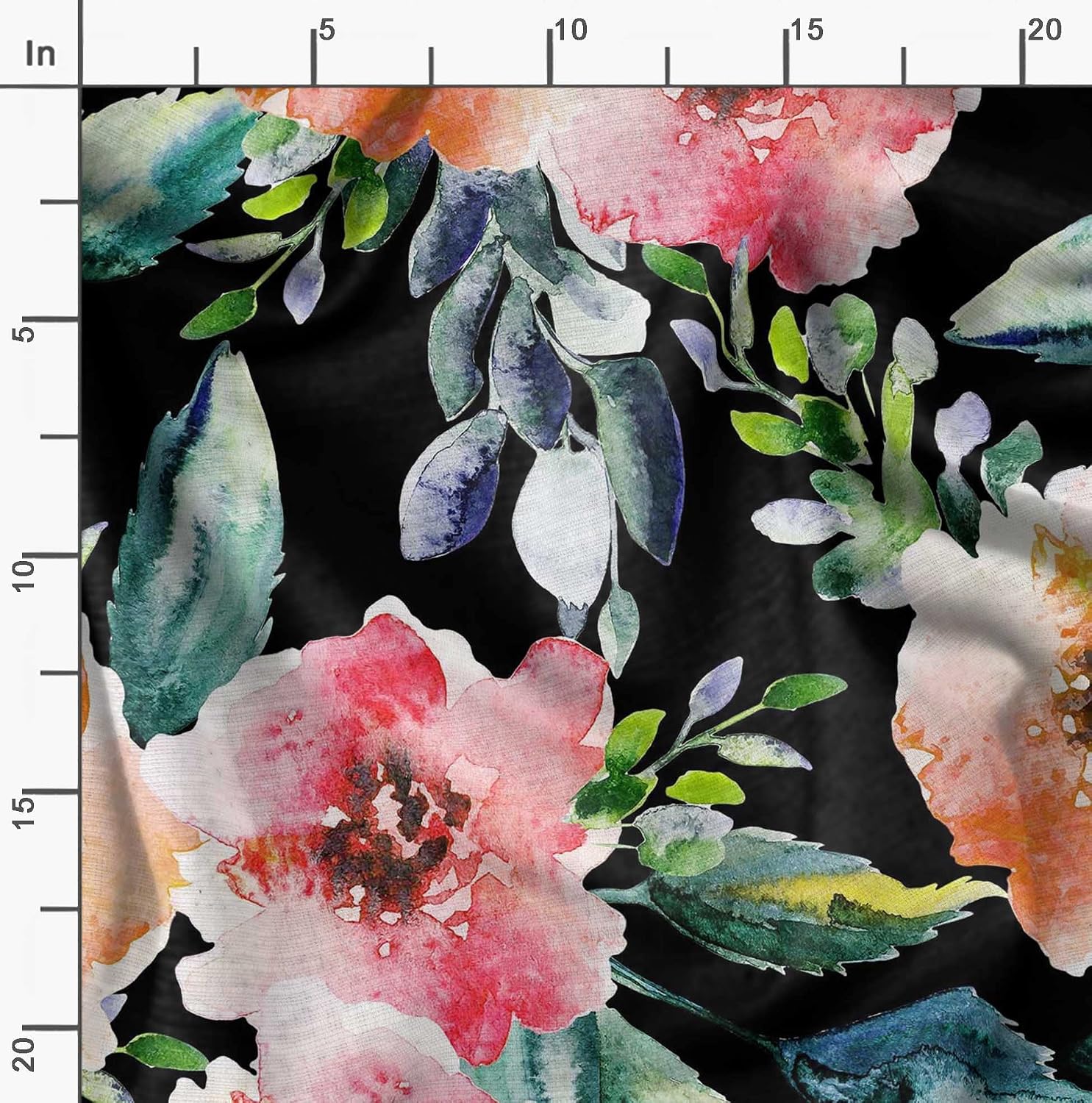 Soimoi Cotton Jersey Black Fabric - by The Yard - 58 Inch Wide - Flower & Leaves Watercolor Palette Material - Botanical and Soft Patterns for Stylish Creations Printed Fabric