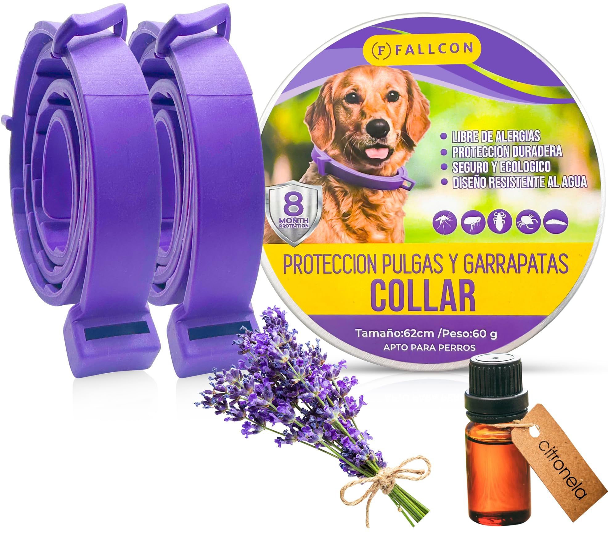 Collar Antiparasitos Perros 2 PCS Natural Repelente Frente a Pulgas,Garrapatas y Mosquitos,Tamaño Ajustable e Impermeable para Mascota Pequeño Mediano Grandes (Morado)