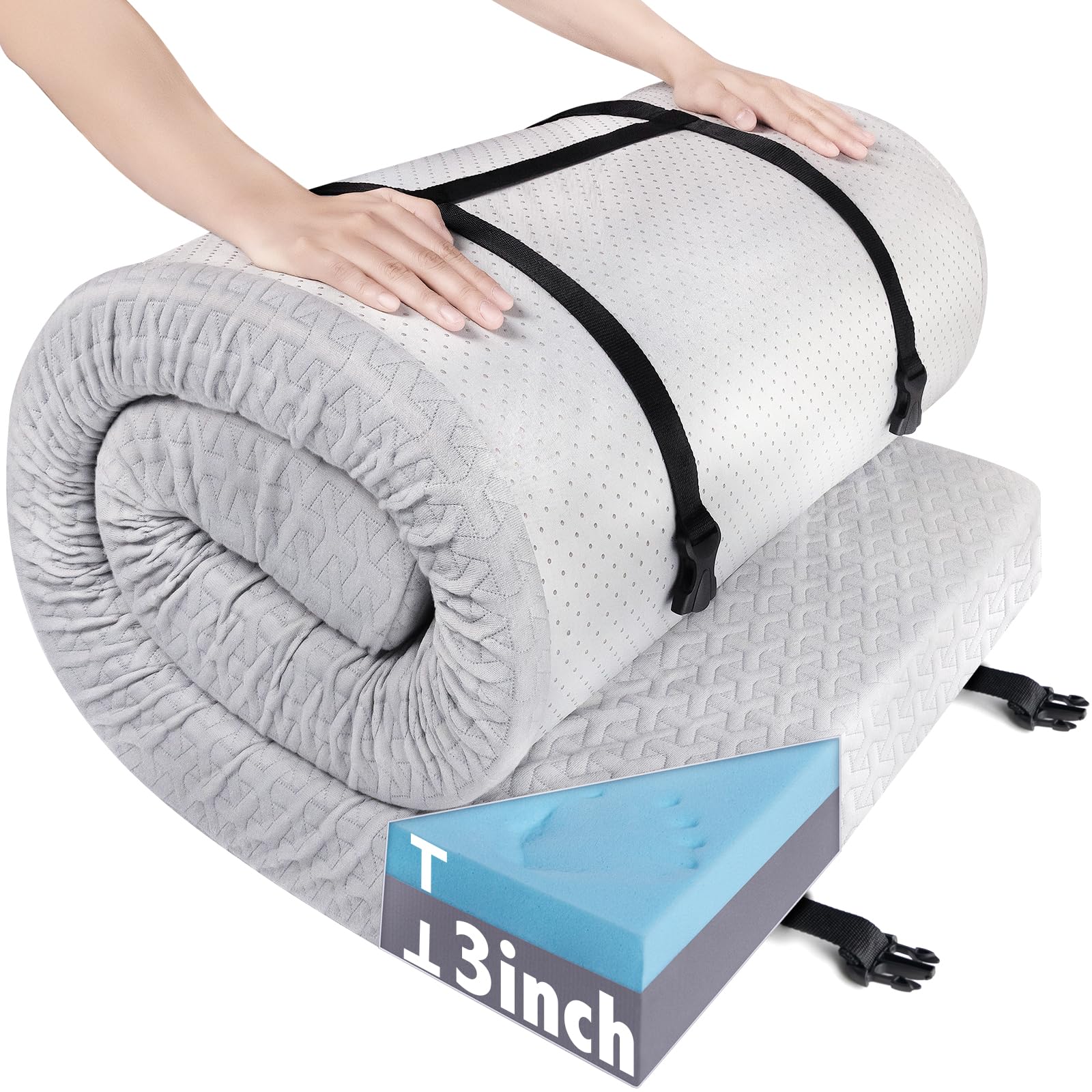 Memory Foam Camping Mattress Pad 3 Inch Thick, Portable Sleeping Pad with Waterproof Cover, Portable Roll Up Cot Mattress Pad Floor Mat for Travel Truck Bed Tent, 72
