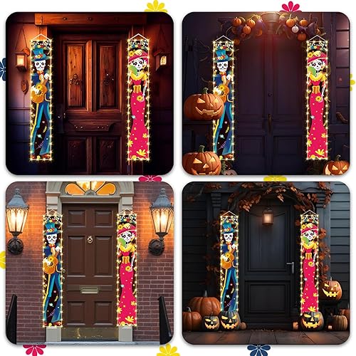 Miniatura 6 de Telón de fondo iluminado del Día de los Muertos de 71 x 12 pulgadas para puerta, porche, día de los muertos, calavera de azúcar, tema mexicano,