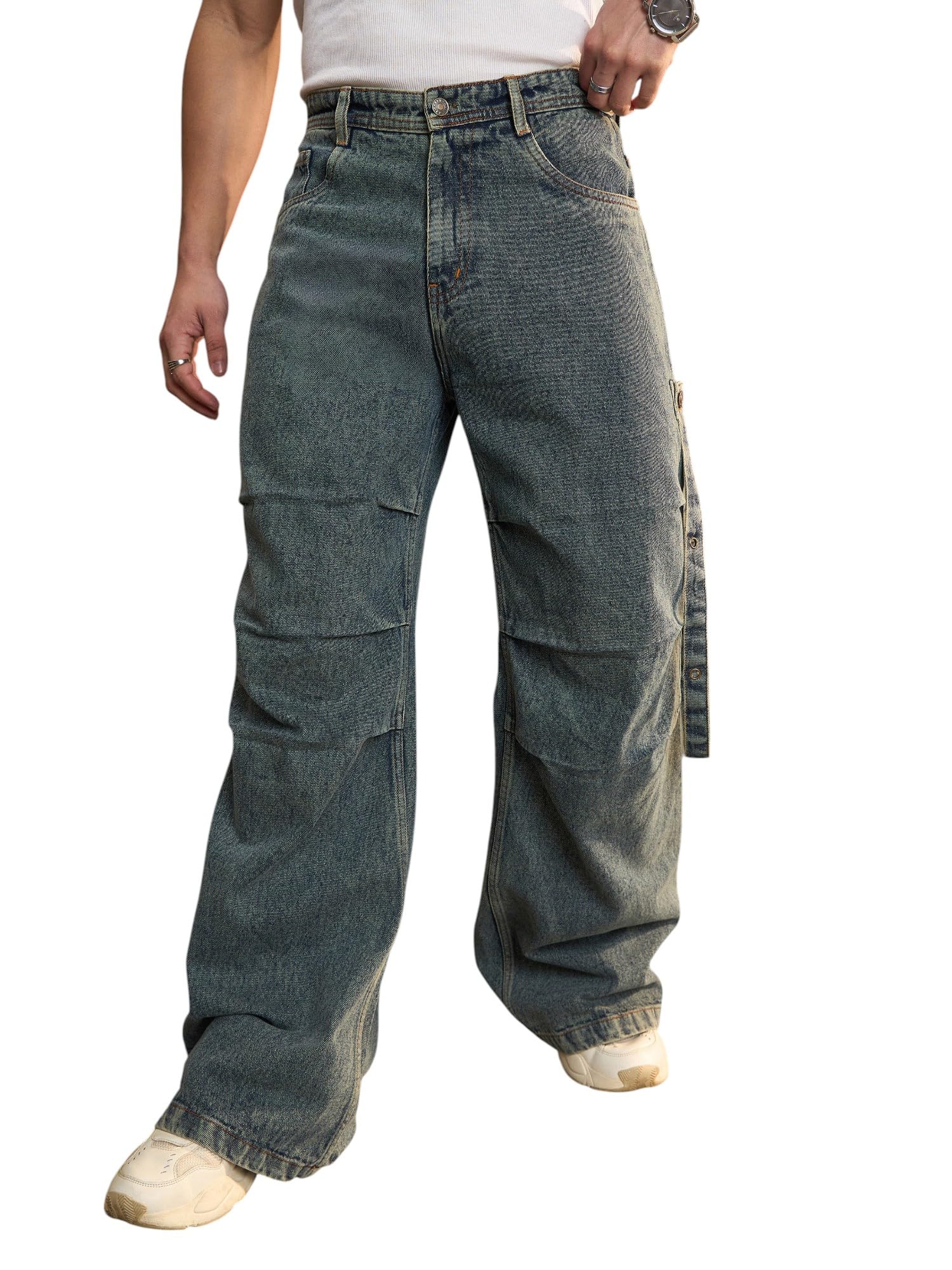 SASSAFRAS Blue Washed Knee Pleated Wide Leg Jeans in blue