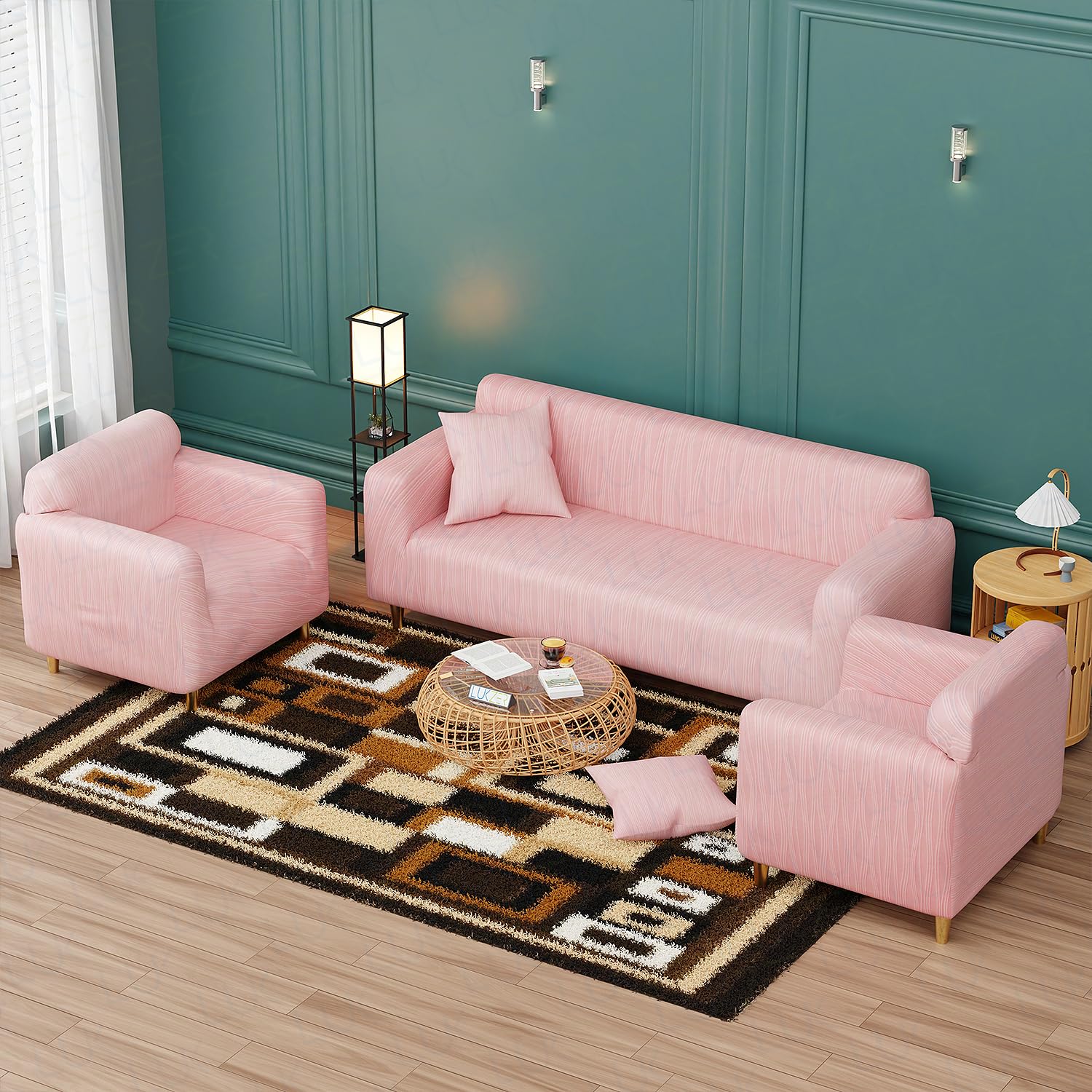 Lukzer Universal 5 Seater 3+1+1 Polyster Sofa Cover with 2 Cushion Cover Soft Touching Flexible Stretch Slipcover (Pastel Pink Wavy Stripes Pattern/SC-084-05/180-230cm) (240 GSM) (B0DF31XW4Y) Amazon Price History, Amazon Price Tracker