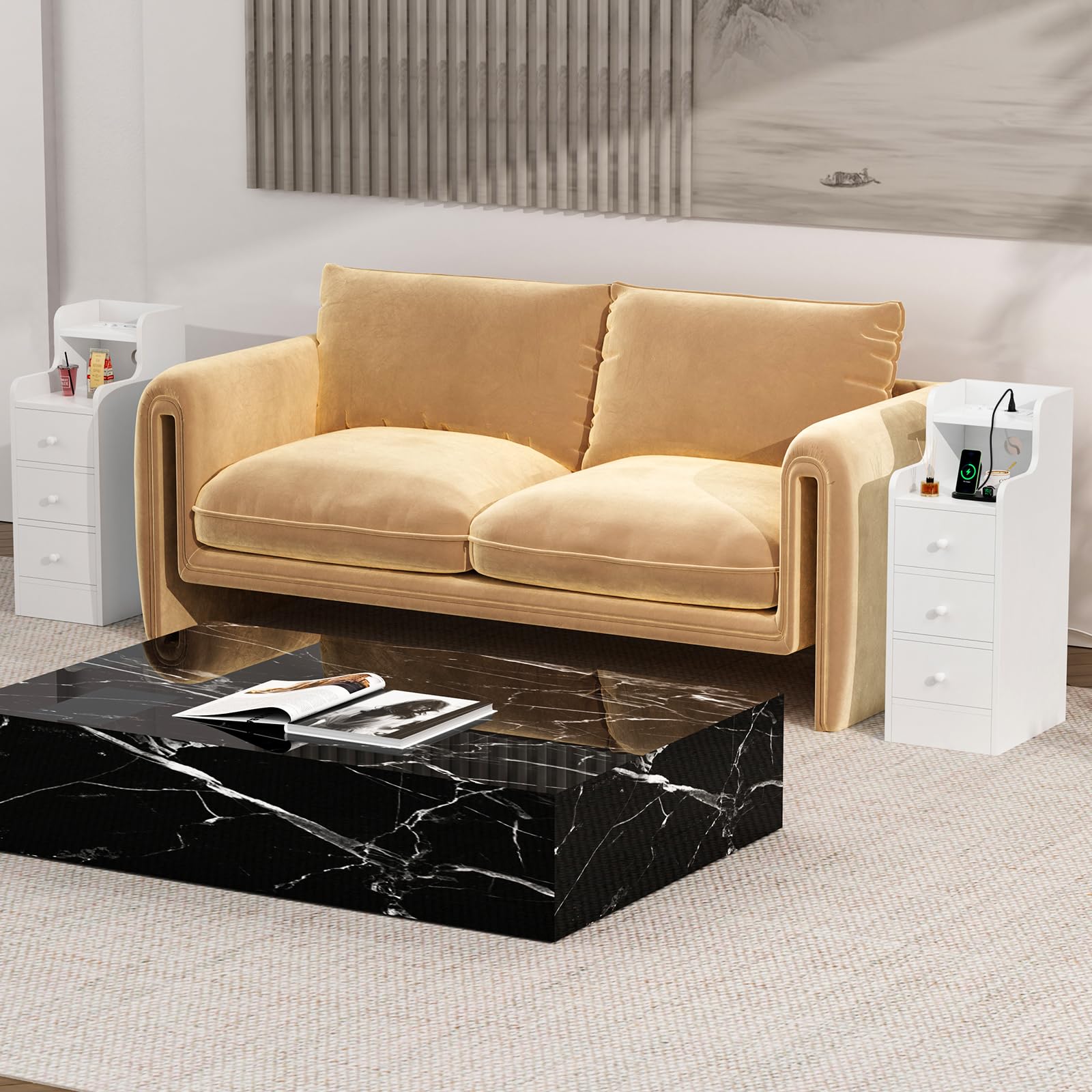 Comodino Stretto, Comodino Bianco, con 2 Prese AC, 2 Porta USB-C, Comodini con Presa Alto Tavolino con 3 Cassetto, 25x35x70cm Bianco