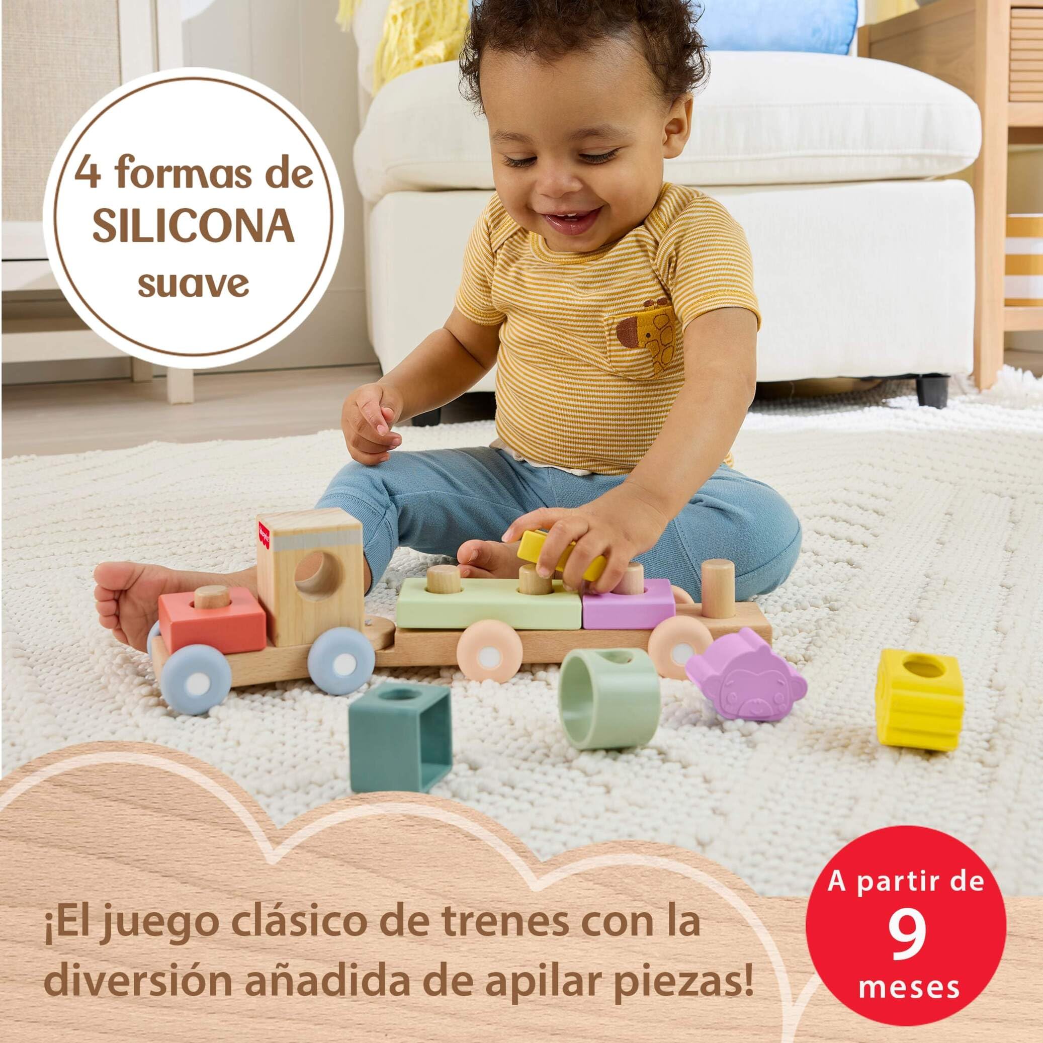 Fisher-Price Tren apilable de Madera para bebé y niño pequeño | Tren para empujar con 4 bloques de madera y 4 formas de silicona; desarrolla la motricidad fina y gruesa; +9 meses, JKH08