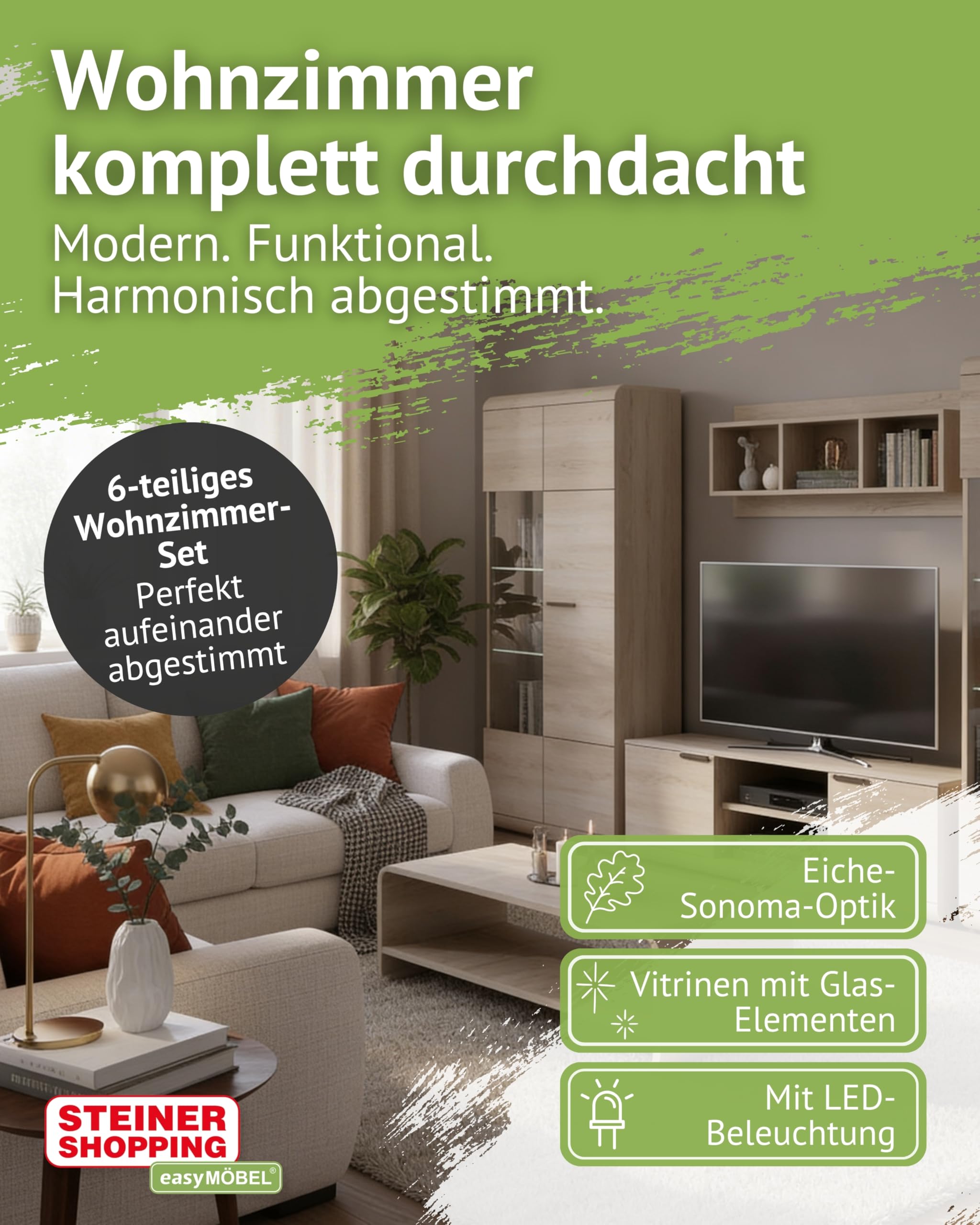 Wohnzimmer Komplett - Set F Gabes, 6-teilig, Farbe: Eiche Sonoma