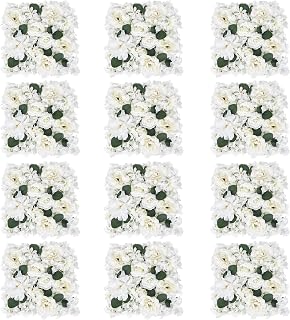 Pack of 12 Artificial Silk Flower Panels, Faux Floral Wall Background for Wedding Party Engagement Bridal Shower Arrangement Home Decorations - White