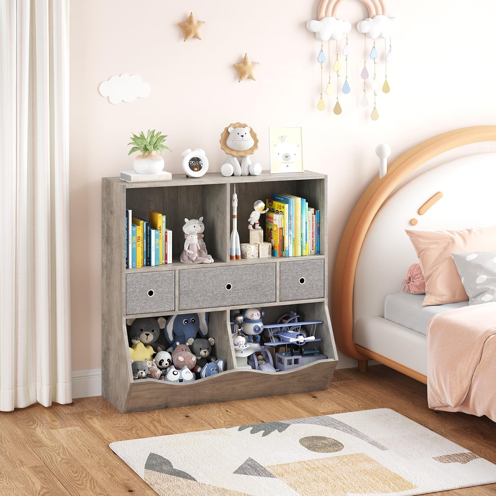 Zstar Lot de 2 bibliothèques pour Enfants avec 7 Compartiments et 3 tiroirs Amovibles – Étagères en Bois Gris pour Chambre, Salle de Jeux, Salon, Couloir, Maternelle – Système : System Default