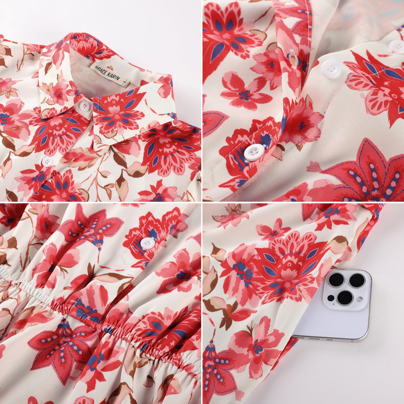 GRACE KARIN Damen Sommer Kurzarm Blumenkleid Polokragen A-Linie Kleider Boho Urlaub Maxi Blusenkleid mit Tasche