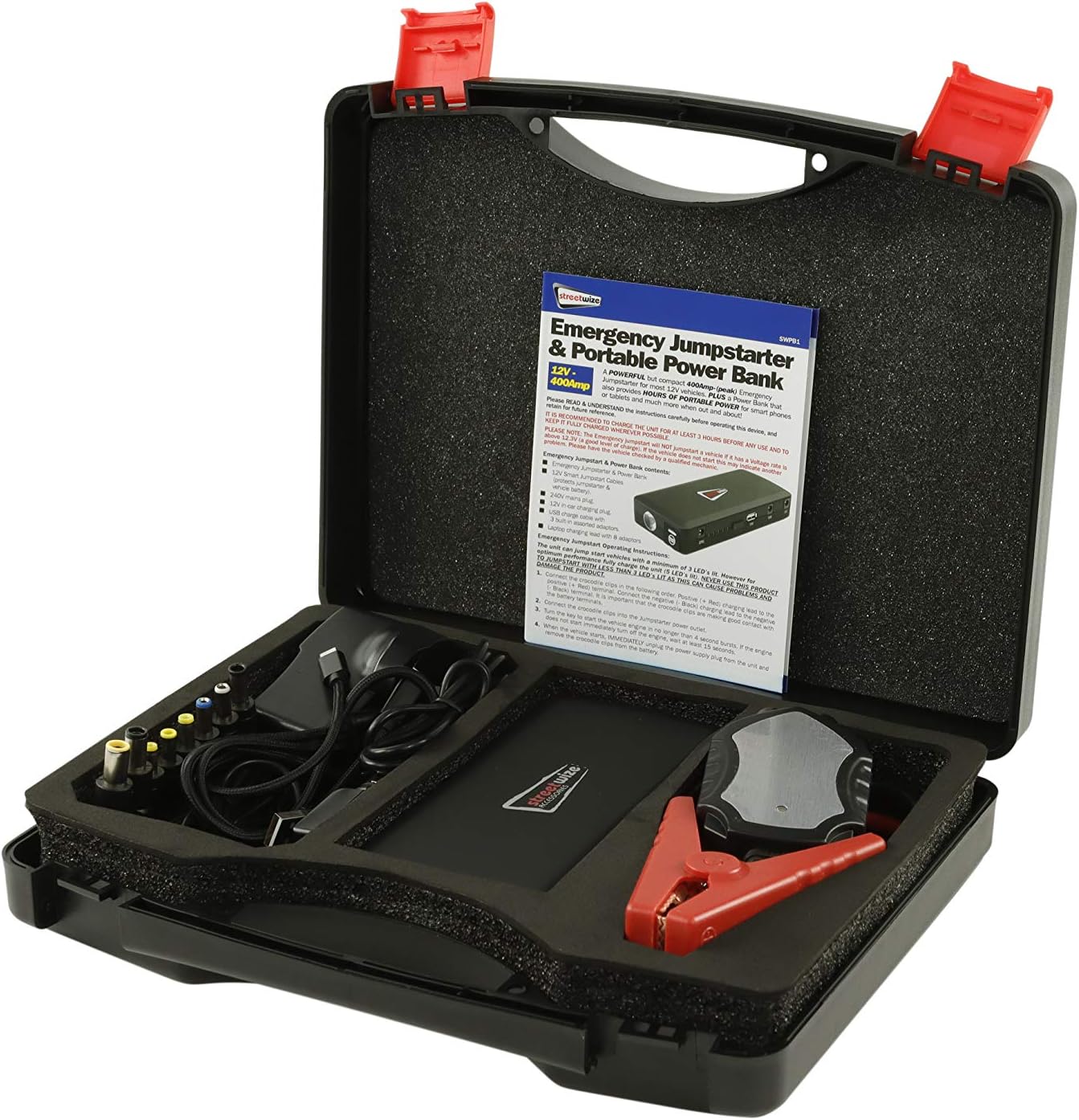 Streetwize - Portable Powerbank and Emergency Jump Starter - 3-in-1 charging cable - 12V vehicles with petrol engines up to 3000cc (3.0L) & diesel engines up to 2500cc (2.5L)