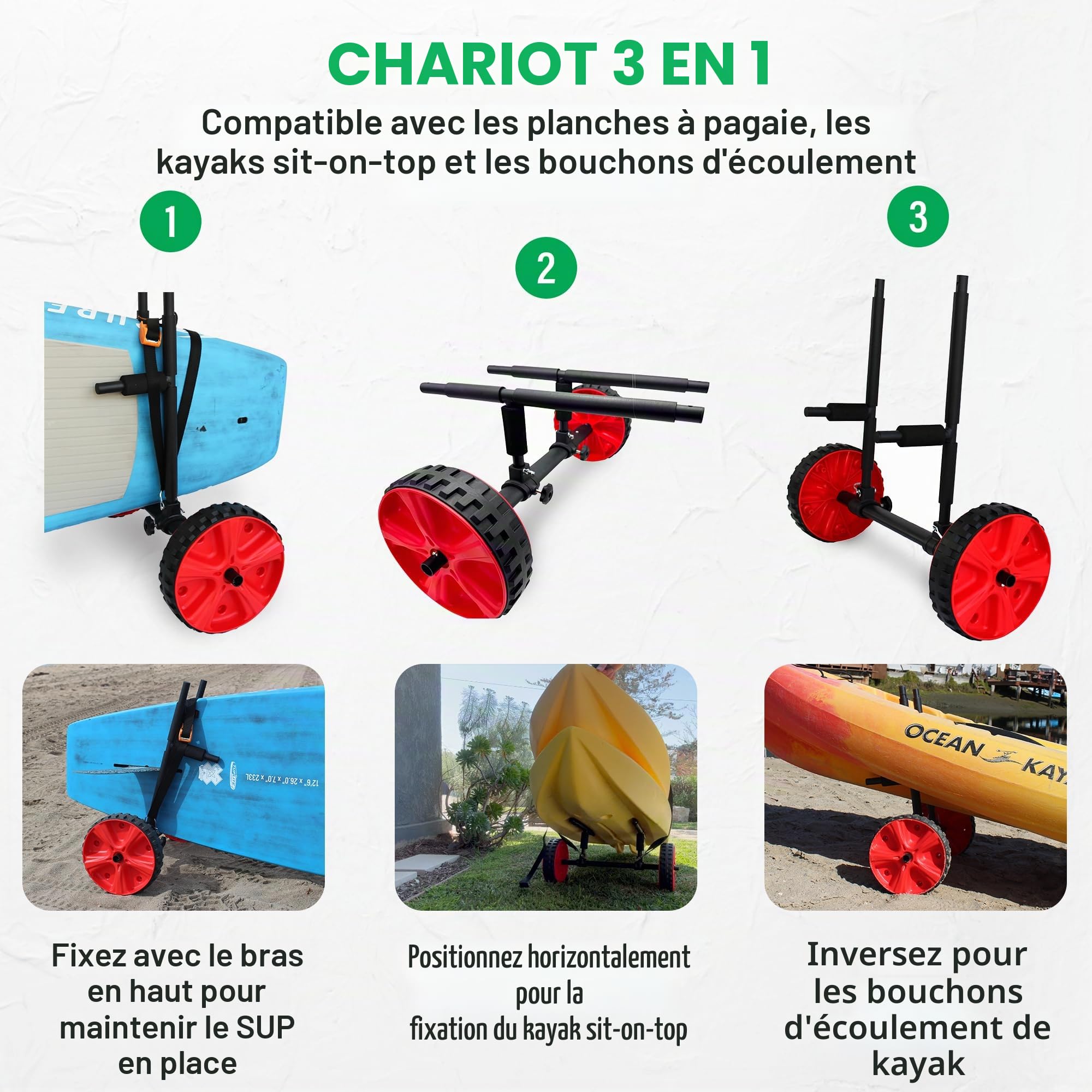 3-dans-1 Chariot de Surf, SUP Chariot de Transport pour Sit-on-Top Kayak, Canoe | Convient pour Les Types de kayaks et canoës avec Trous de Prise