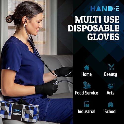 Miniatura 6 de Hand-E Touch Guantes desechables de nitrilo negro, sin látex, barbacoa, tatuaje, tinte para el cabello, cocina, guantes mecánicos