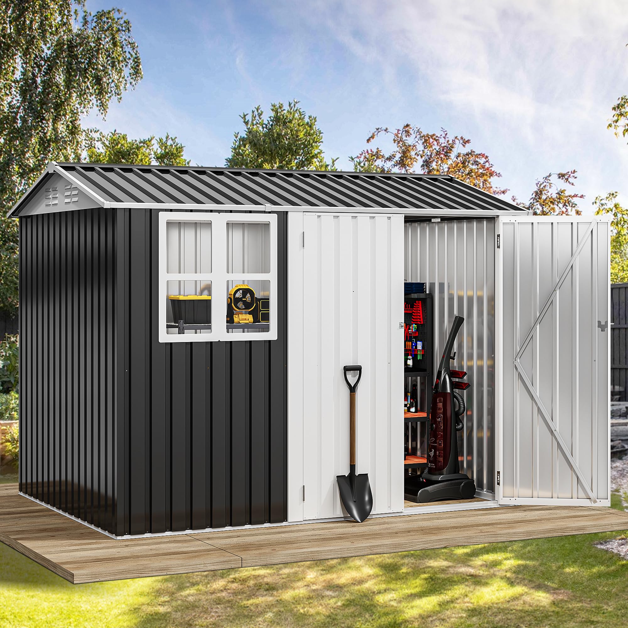 DWVO 8' x 6' Outdoor Storage Shed, Waterproof Metal Garden Shed with Windows, Lockable Doors, and Sloped Roof for Patio, Backyard, Lawn, Tool Storage, Bike Shed, Pet Shelter (Gray + White)