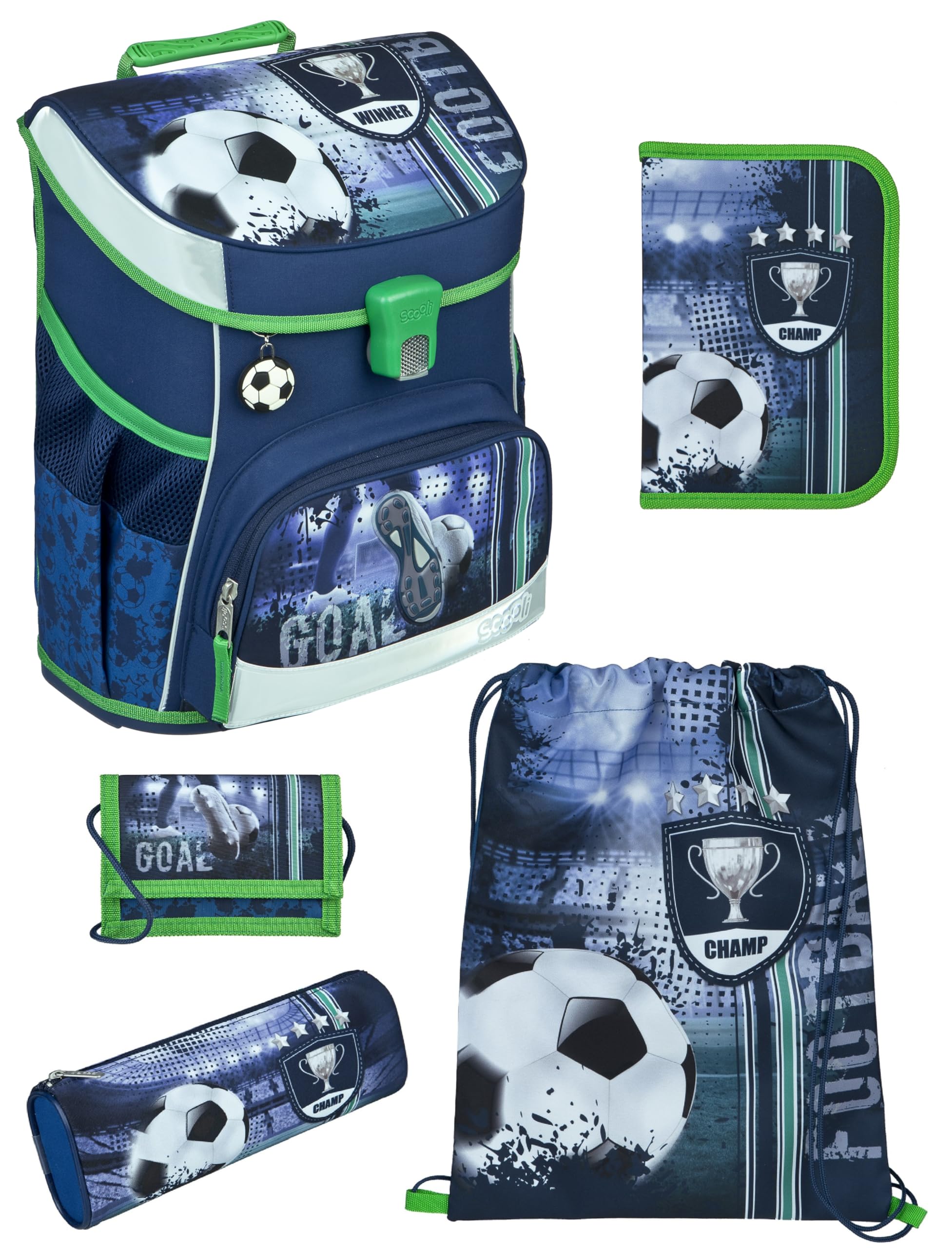 Familando - Scooli Campus Fit Schulranzen Set - 5-teilig mit Federmappe - Fußball Motiv Blau - Ergonomisch, Stabil & 980g leicht - 18L Volumen - Brustgurt & Reflektoren - Für Grundschule ab 1. Klasse