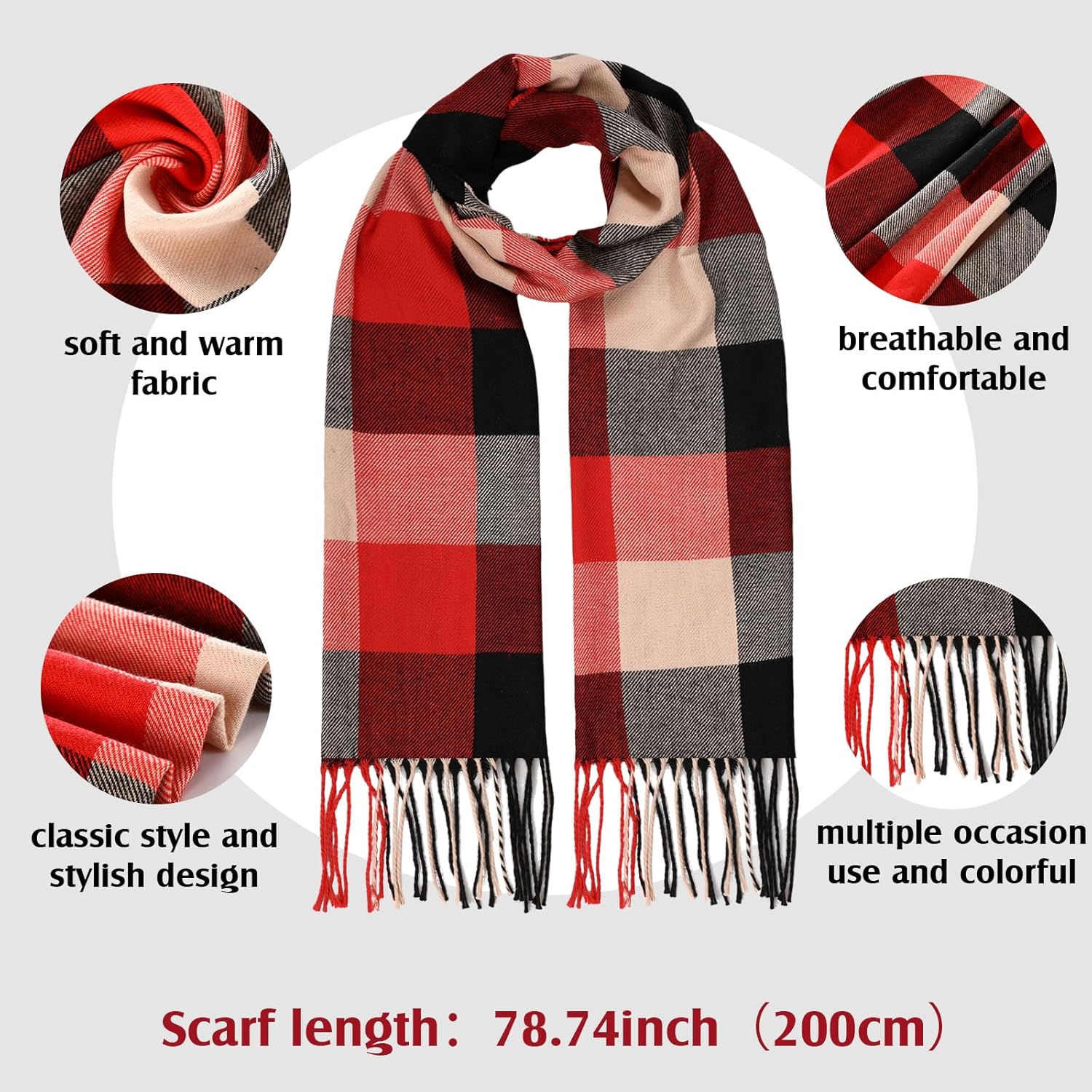 Suhine 12 Pcs Women Men's Scarf Bulk Winter Warm Shawls and Wraps Soft Large Solid Color Plaid Scarf and Wraps Tassel Edge 13.7 x 78.7 Inch - Image 2