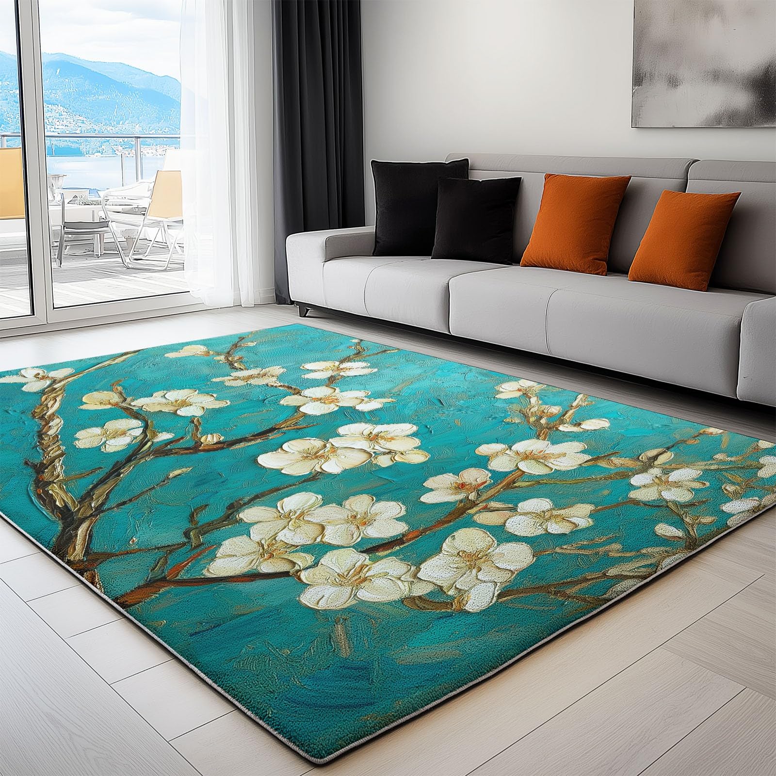 Tapis turquoise 80x150 cm pour salon et chambre motif fleurs d'abricotier