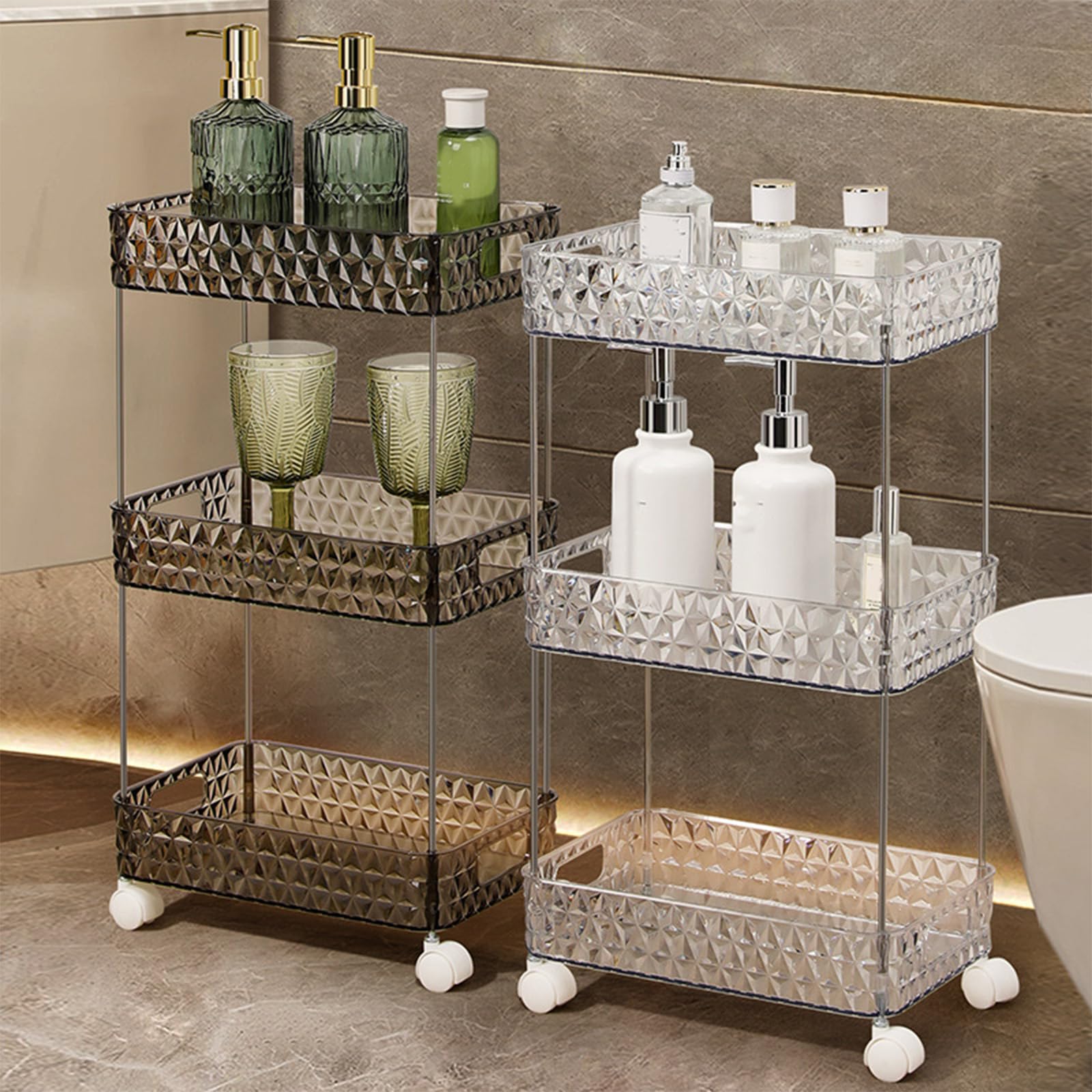 Carrello portautensili in acrilico – Carrello portaoggetti a 3 ripiani con ruote per cucina e bagno – Versatile scaffale mobile per un facile accesso e soluzioni salvaspazio