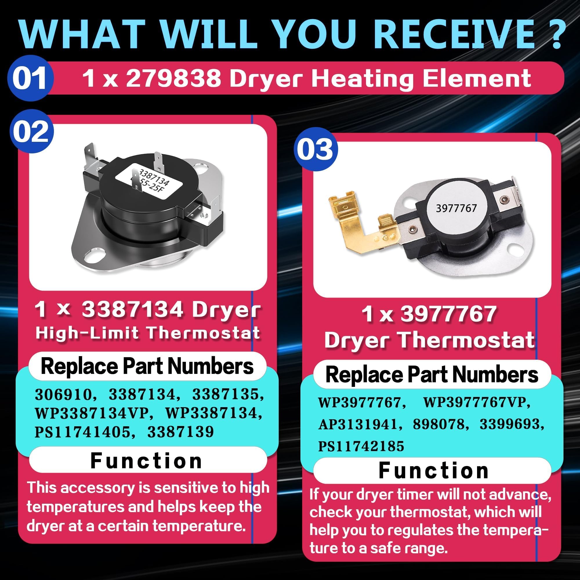 Elemento de calefacción para secadora Whirlpool WED4815EW0 NED4655EW1 WED4815EW1 MEDC215EW1 MEDX655DW1 LER7646EQ2 LEN3634DW1 WED5000DW2 WED6 200SW1 WED6600VW0 WED4800BQ1 RED4640YQ1 REX6634PQ0