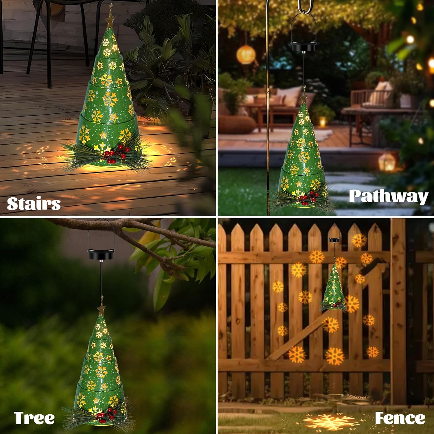 Solar Christmas Tree Decorations Outdoor – Special Tree Shape Waterproof Metal Hanging Lantern with Hollow Star & Snowflake Design Lights for Garden, Yard, Patio, Porch Decor(Warm White)