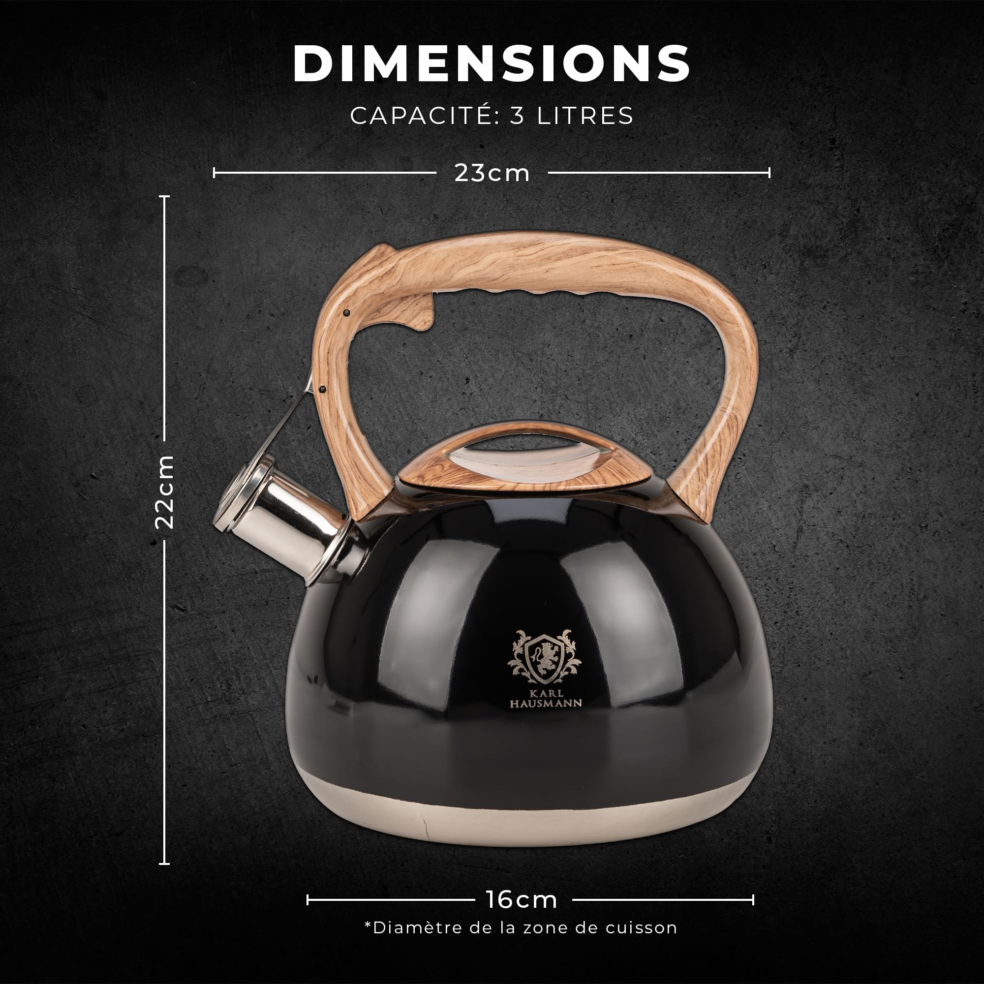 KARL HAUSMANN Bouilloire Inox Noir - 3L - Bouilloire Sifflante - Bouilloir Induction, Gaz - Poignée Résistante à la Chaleur - Bouilloir Traditionnelle Tous Feux - Retro - Théière Gaz Bouilloir
