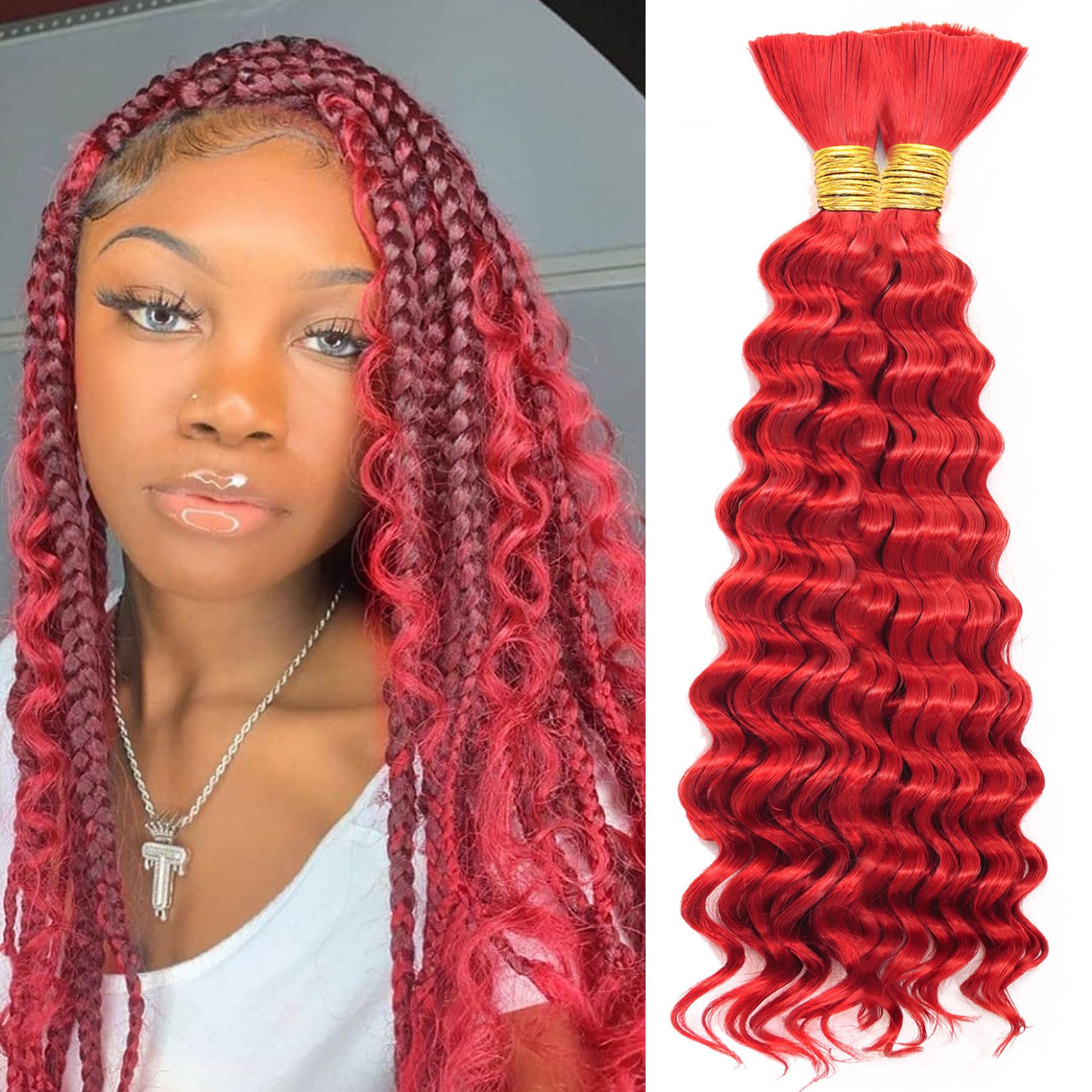 Red Curly Braiding Hair for Boho Braids 200G Deep Wave Bulk Braiding Hair Synthetic Curly Crochet Hair Bundles for Micro Braiding Halloween Hair