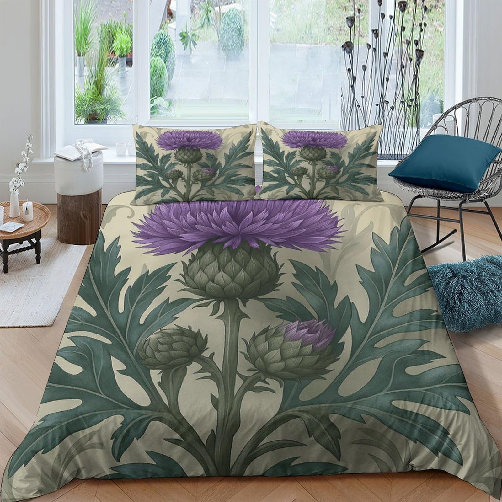 Ctjqhvkz Style-8 3D Printed Thistle Botanical Fitted Sheet Microfiber Soft Green Purple Art Bed Cover For Bedroom Guest Room Decor Single（135X200cm）