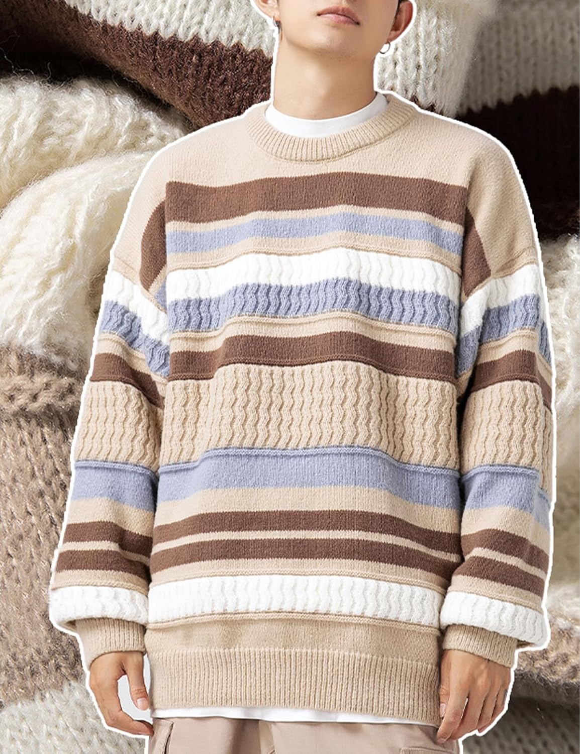 Arssm Mens Vintage Sweater Oversized Striped Knit Sweaters Crewneck Blouses Fall Pullover Tops Color Block Knitwear - Image 5