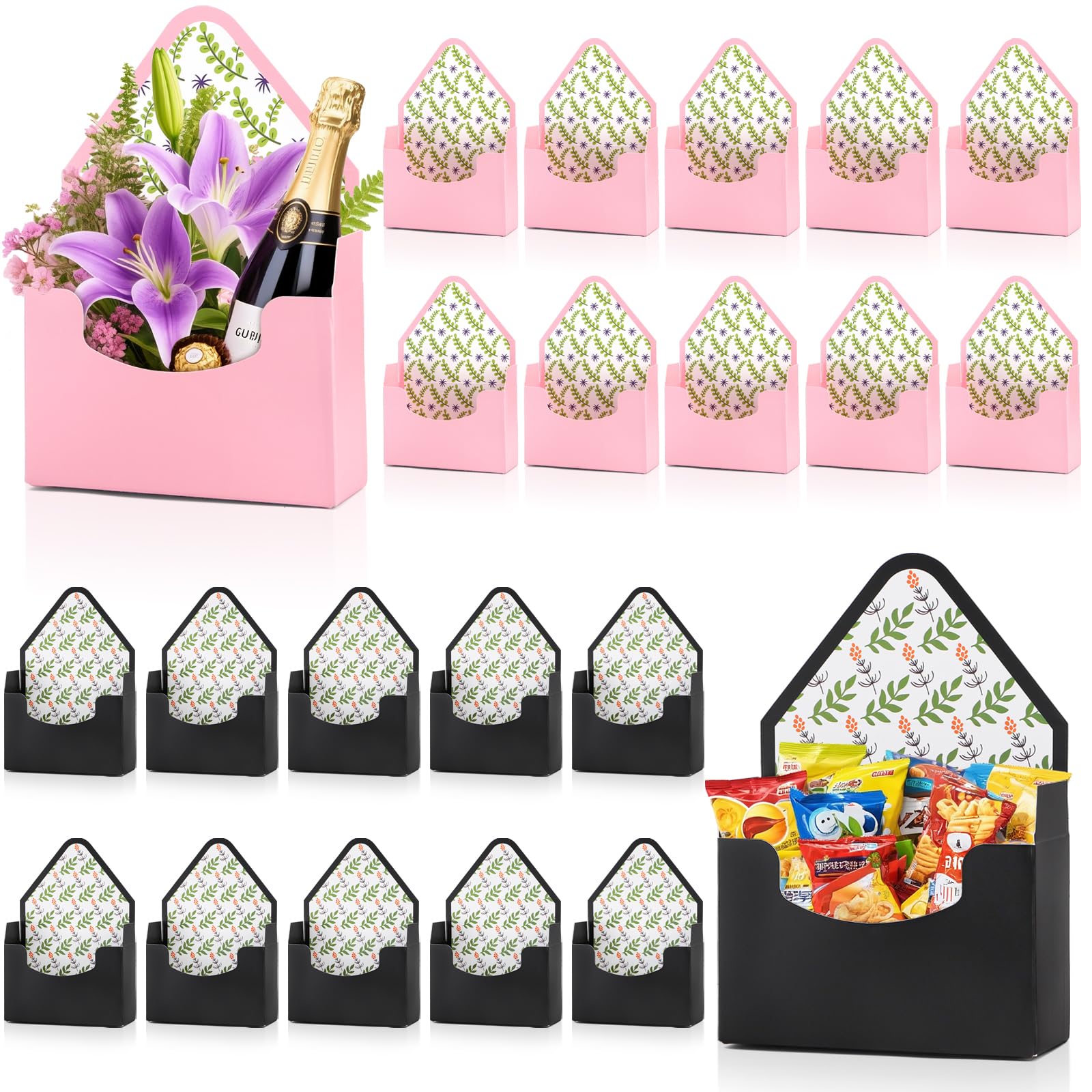 Cedilis Set of 20 Envelope Gift Box, Flower Boxes for Arrangements, Paper Floral Bouquet Packaging Box, Florist Supplies for Wedding, Party, Birthday, Mother's Day, Christmas, Pink and Black