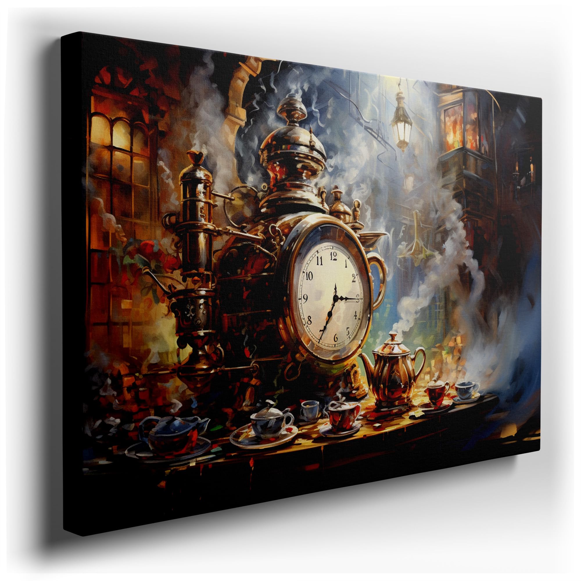 Canvas Art Decor: Elegance Of a Bygone Era With Ornate Steam Clock And Lustrous Tea Set Art Decoration, Office Arts Design. Size: 91x61 cm (36x24 inch)