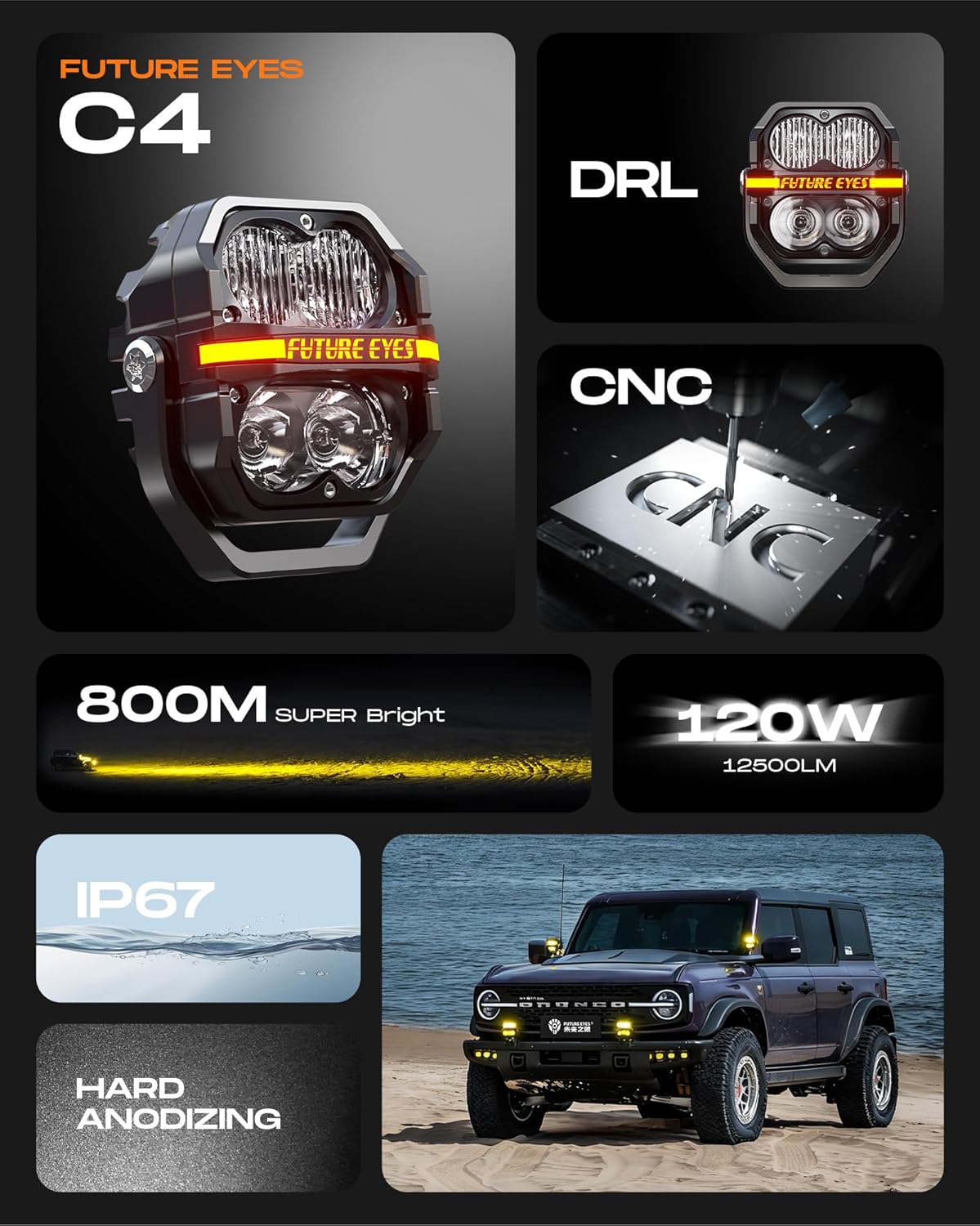 Future Eyes 4.5 Inch LED Offroad Lights, 120W 12500LM Long Range 800M Spot Flood Combo Beam with DRL, Waterproof Driving Fog Pod Lights, Auxiliary Lights for Truck SUV ATV UTV Jeep