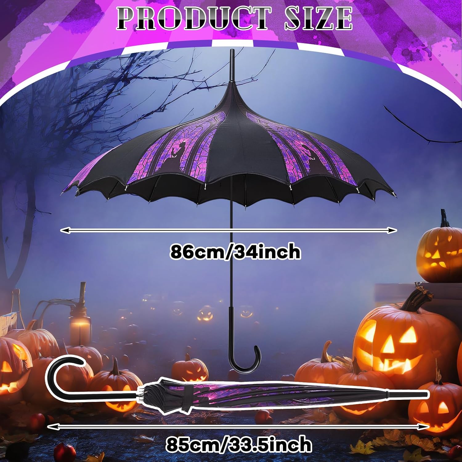 Queekay Halloween Pagoda Umbrella Purple and Black Stained Glass Gothic Umbrella Waterproof Windproof UV Protection Parasol for Halloween, Birthday Gift - Image 2