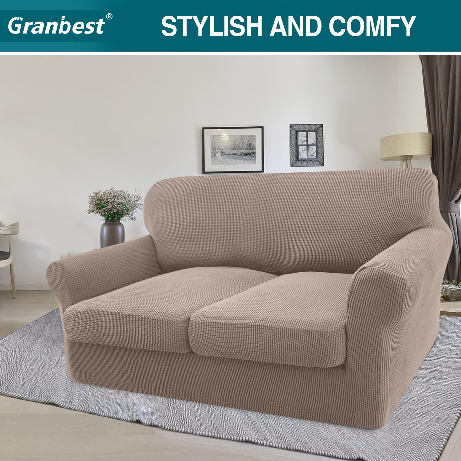 Granbest High Stretch Sofa Seat Cushion Cover Super Soft Couch Seat Cover Sofa Cushion Protector Jacquard Spandex Fabric with Elastic Bottom(2-Piece 2 Seater - Image 2