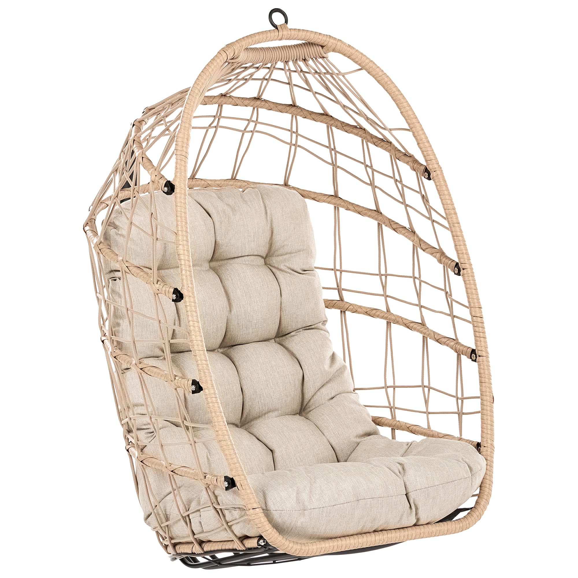Sillón Colgante Columpio Estilo Boho de ratán sintético Soporte de Metal Cadena con cojín Mullido Natural Mornese