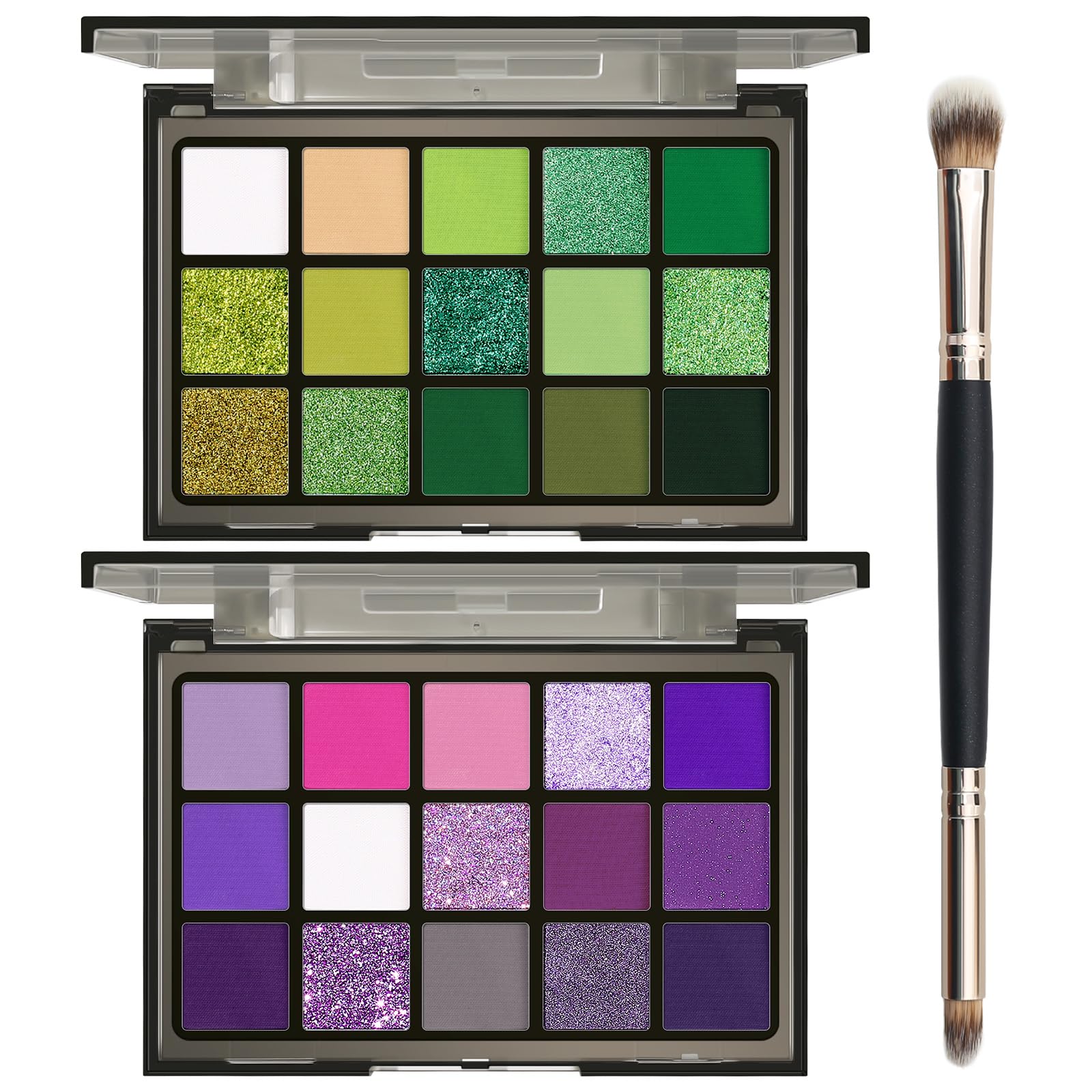 UCANBE 2pcs Eyeshadow Palette Makeup Set, Green Purple Color Shimmer Matte Metallic Eye Shadow Pallet with Soft Brush Eye Make Up Kit for Halloween Cosplay Costume Beetlejuice Medusa Poison Ivy Ursula