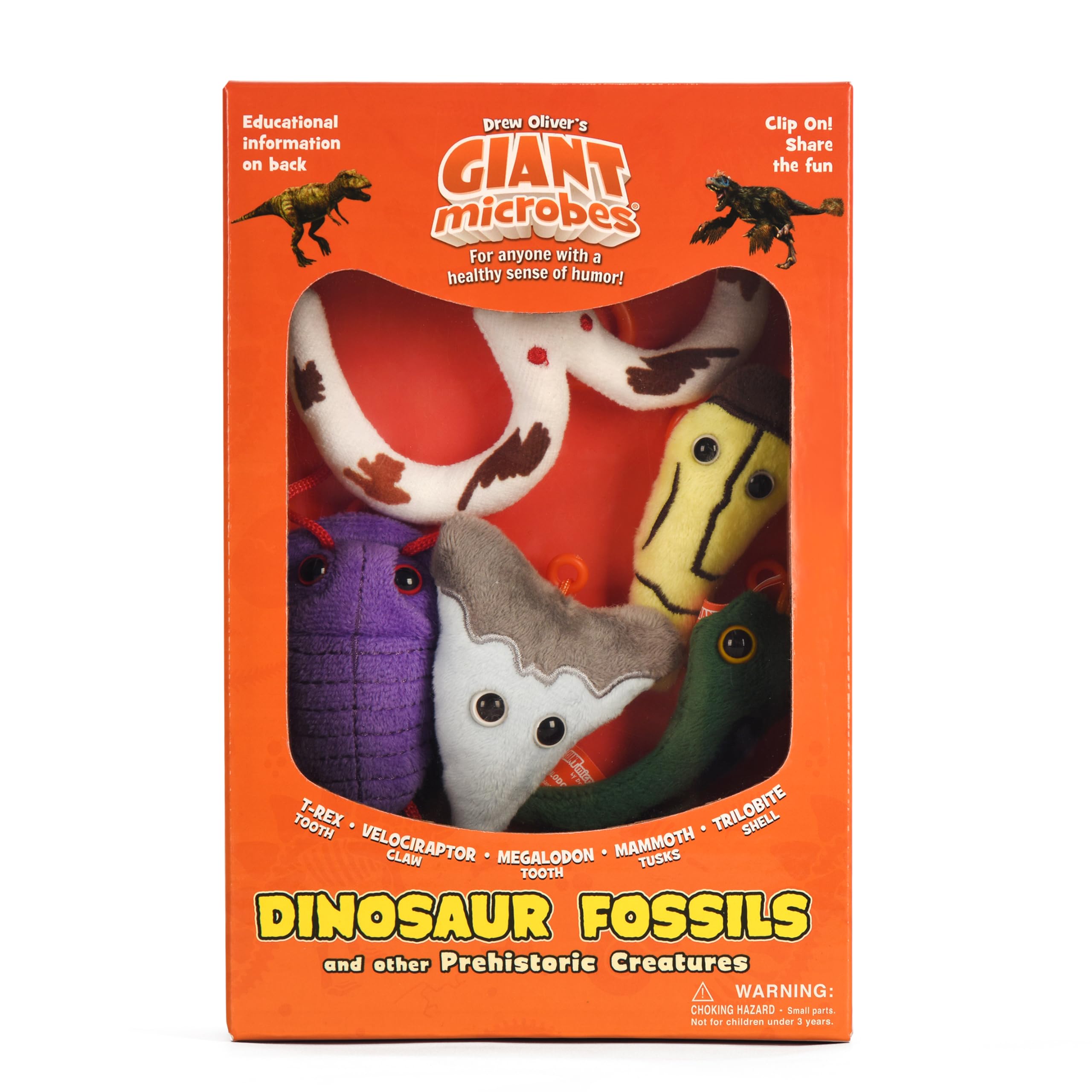 Fuzzy Fossils Dinosaur Fossils Gift Box - Learn about T. rex, Velociraptor, Megalodon, Mammoth and Trilobite with this Set of Plush Keychains, Fun Gift for Family, Friends and all Prehistoric Fans