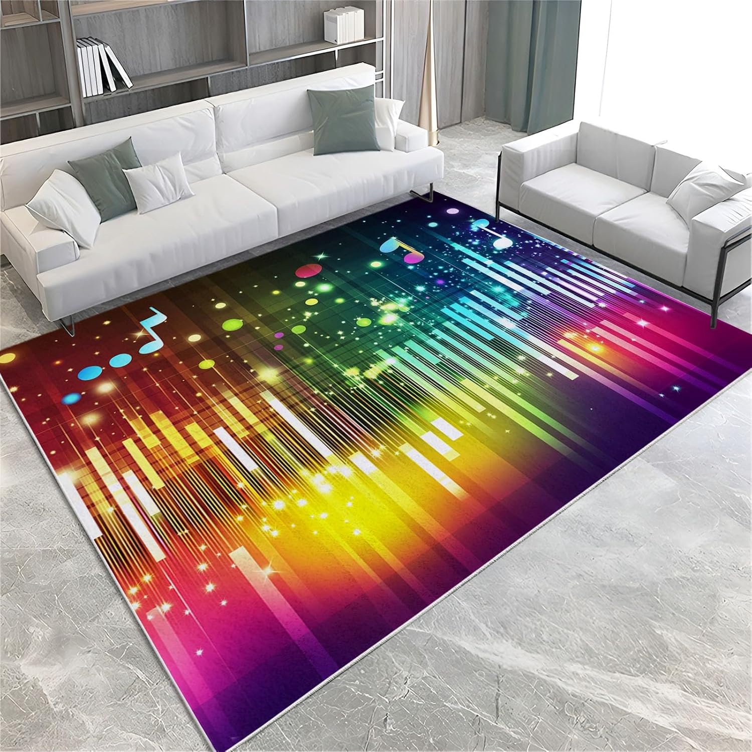 Music Notes Area Rug for Living Room, 2 X 3 Ft Machine Washable Area Rug Non-Slip Stain Resistant Carpet, Low-Pile Indoor Floor Carpet for Bedroom Office Dining Home Decor, Rainbow Colours