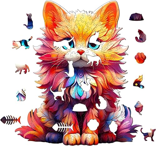 Miniatura 2 de Rompecabezas de madera, con forma de gato dócil, 90 piezas de 7.9 x 6.9 pulgadas. Rompecabezas ecológico con forma de animal único, regalo de