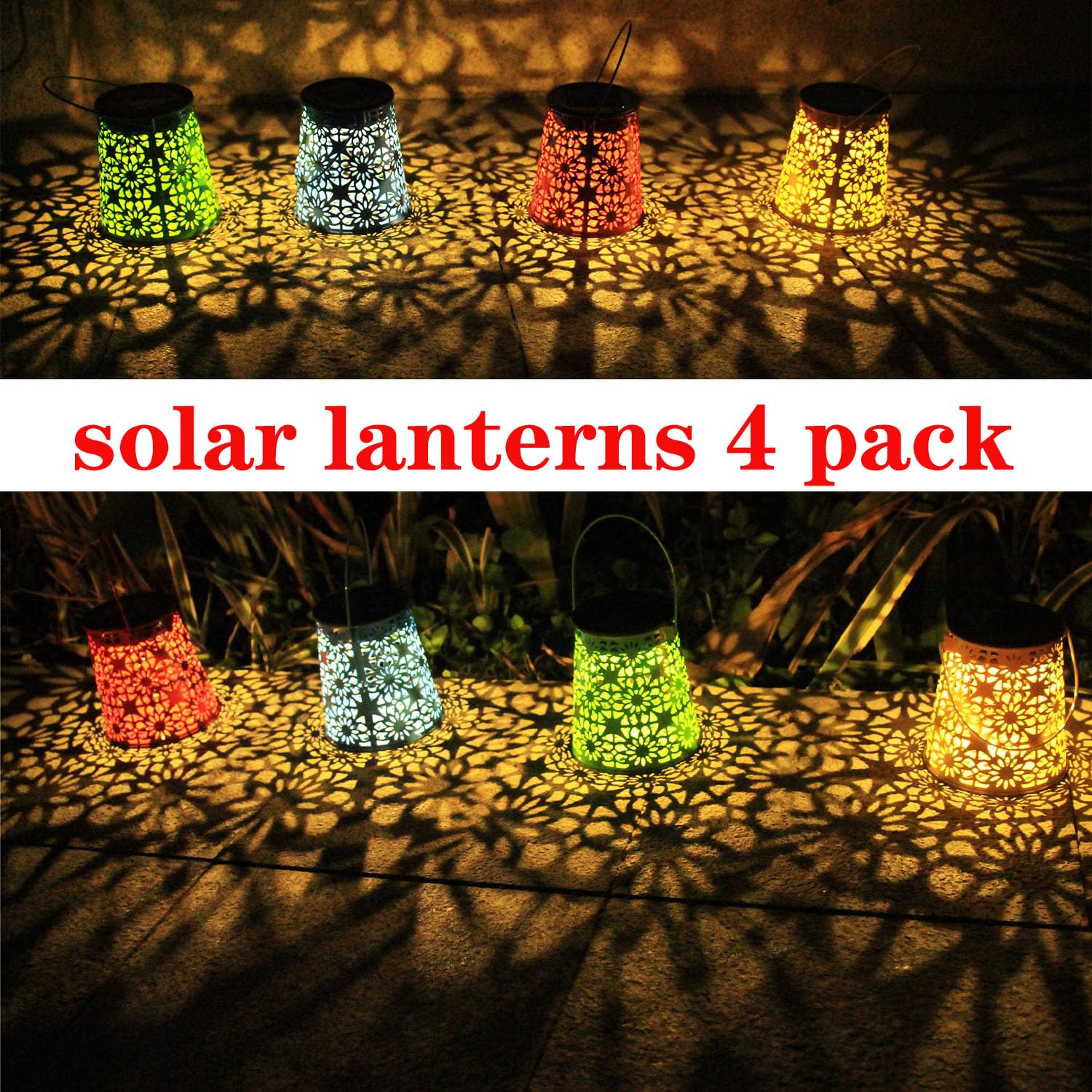 Lot de 4 lanternes solaires d'extérieur étanches à suspendre - Cadeau pour femme - Petites lanternes LED décoratives en métal pour cour, terrasse, pelouse, table, allée, paysage, décoration de jardin