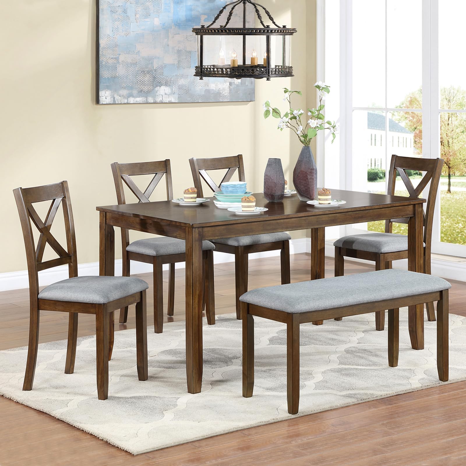 Amazon.com - 6 Pieces Dining Table Set, Wood Rectangle Table and 4 ...