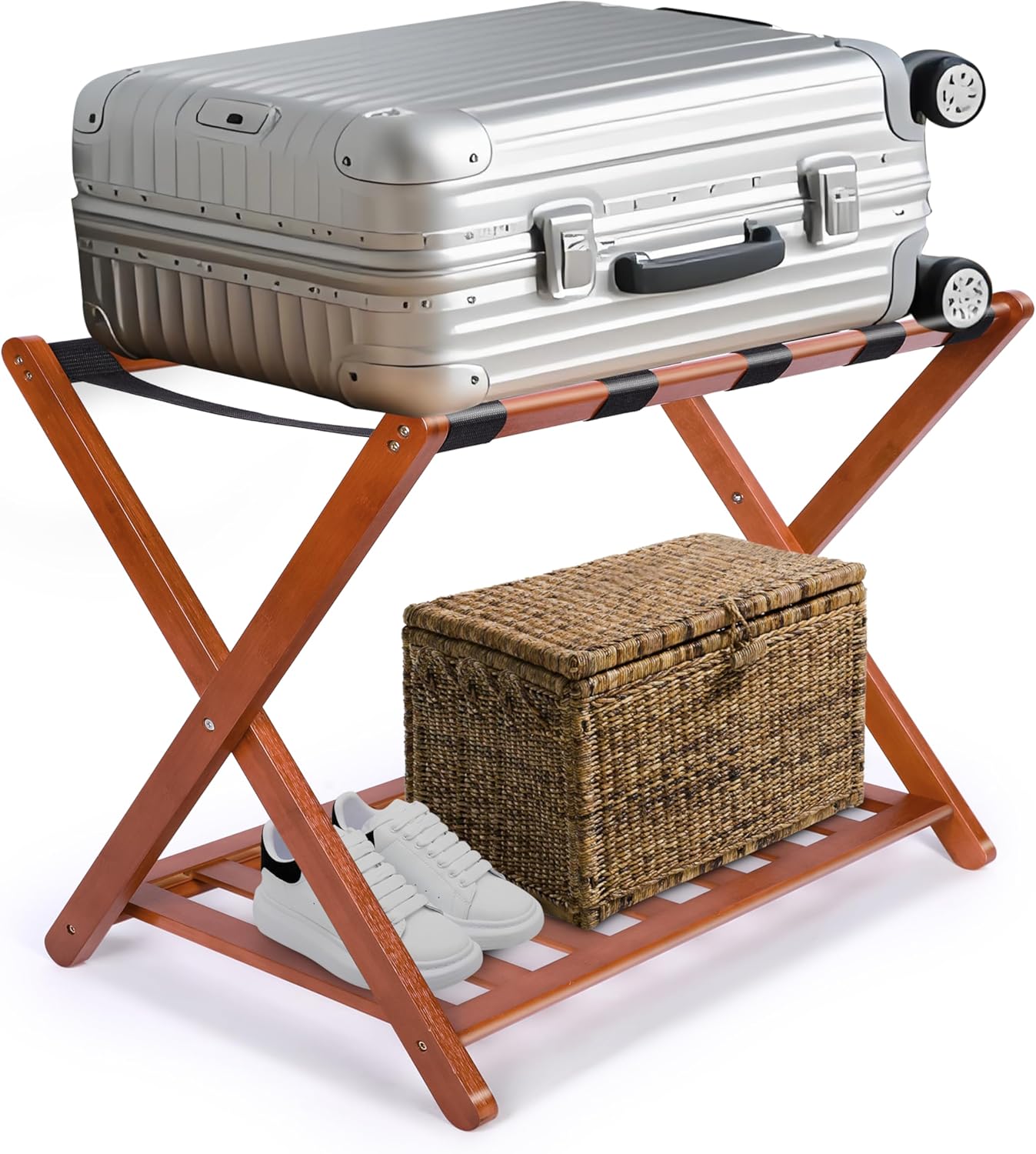Whitmor Bamboo Luggage Rack with Bottom Shelf, Foldable Suitcase Stand, Heavy Duty Storage Shelf, 5 Nylon Straps & X-shaped Frame, Fully Assembled Walnut Luggage Holder for Guest Room, Bedroom, Hotel